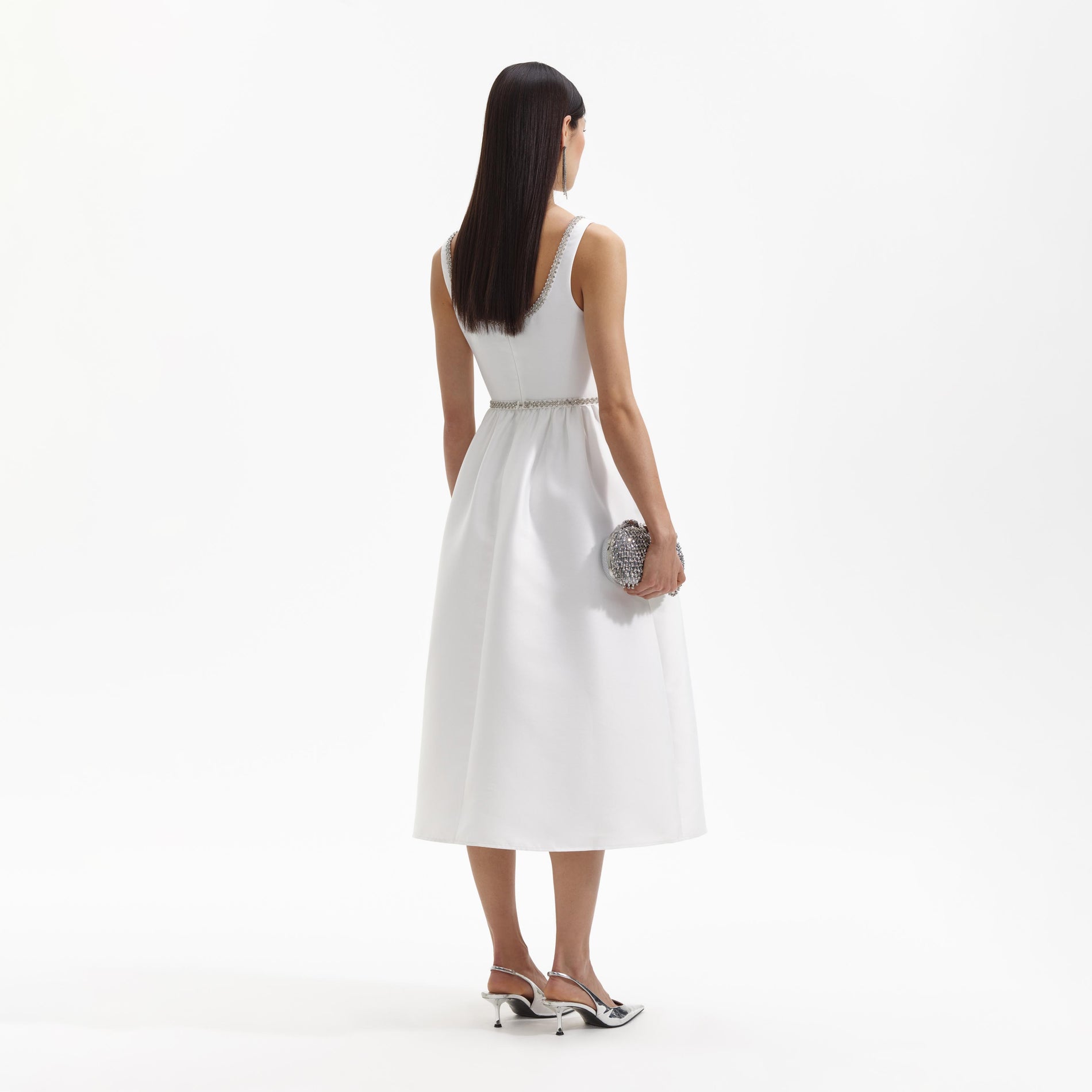 A Woman wearing the White Taffeta A Line Midi Dress