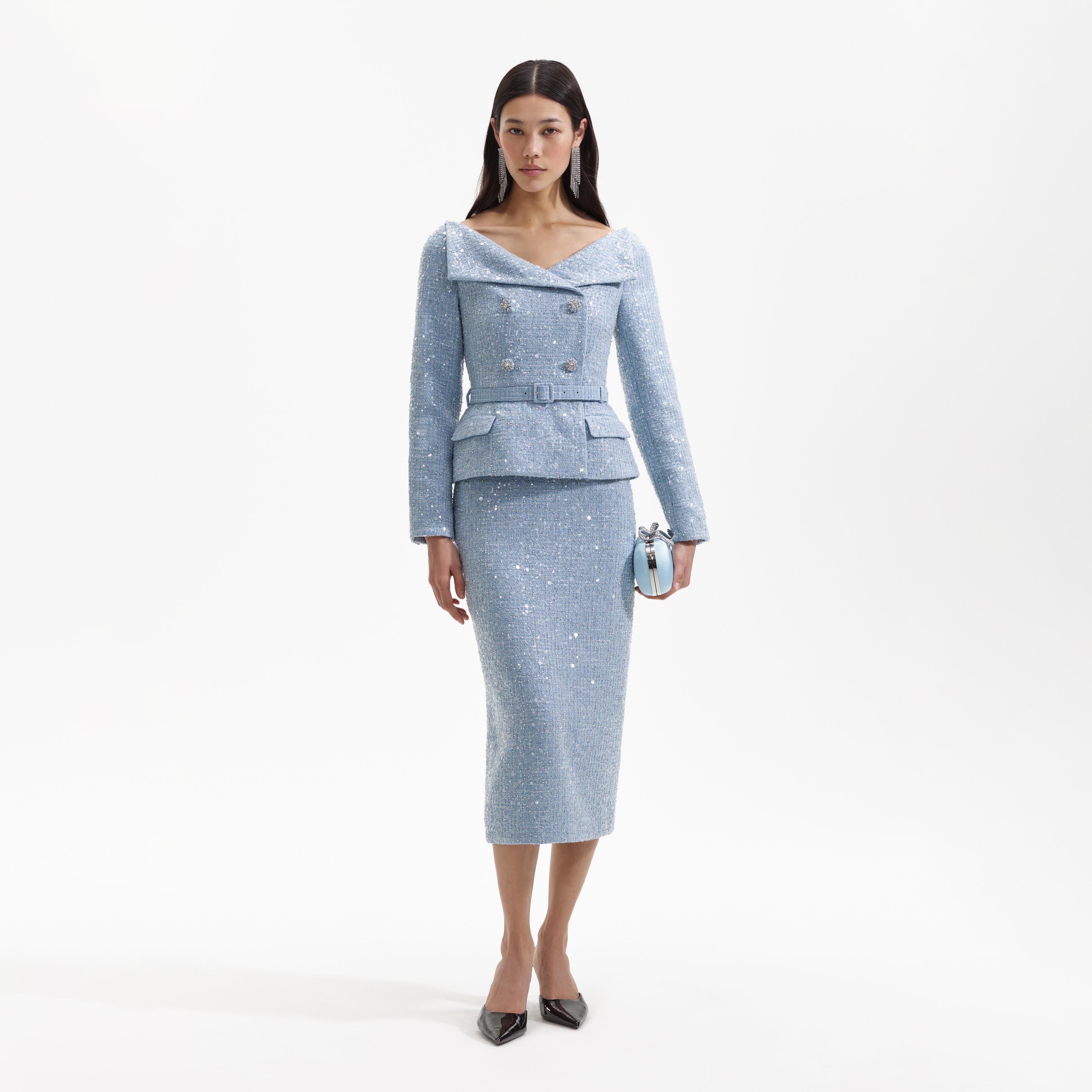 Blue Sequin Boucle Midi Dress