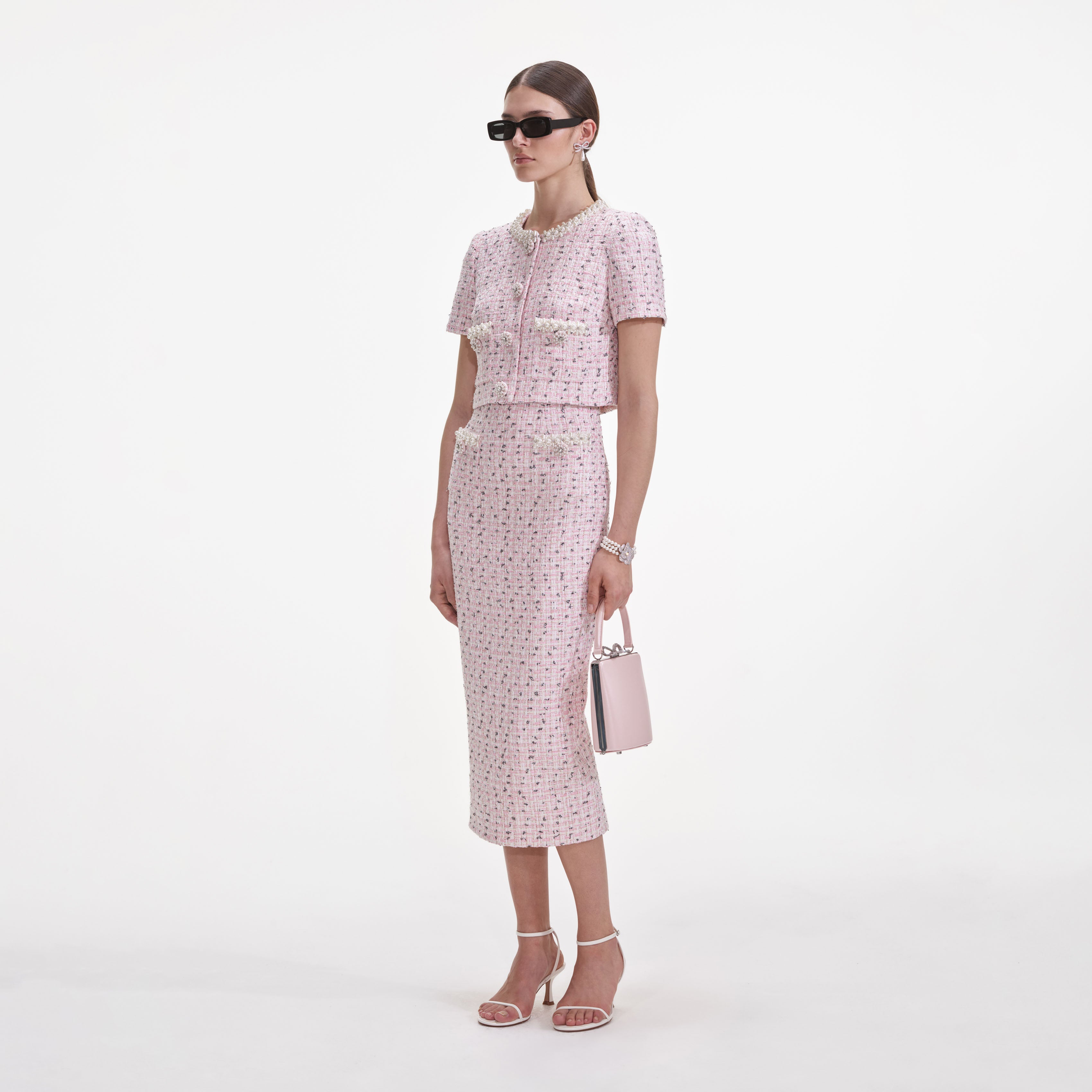Pink Boucle Pearl Midi Skirt