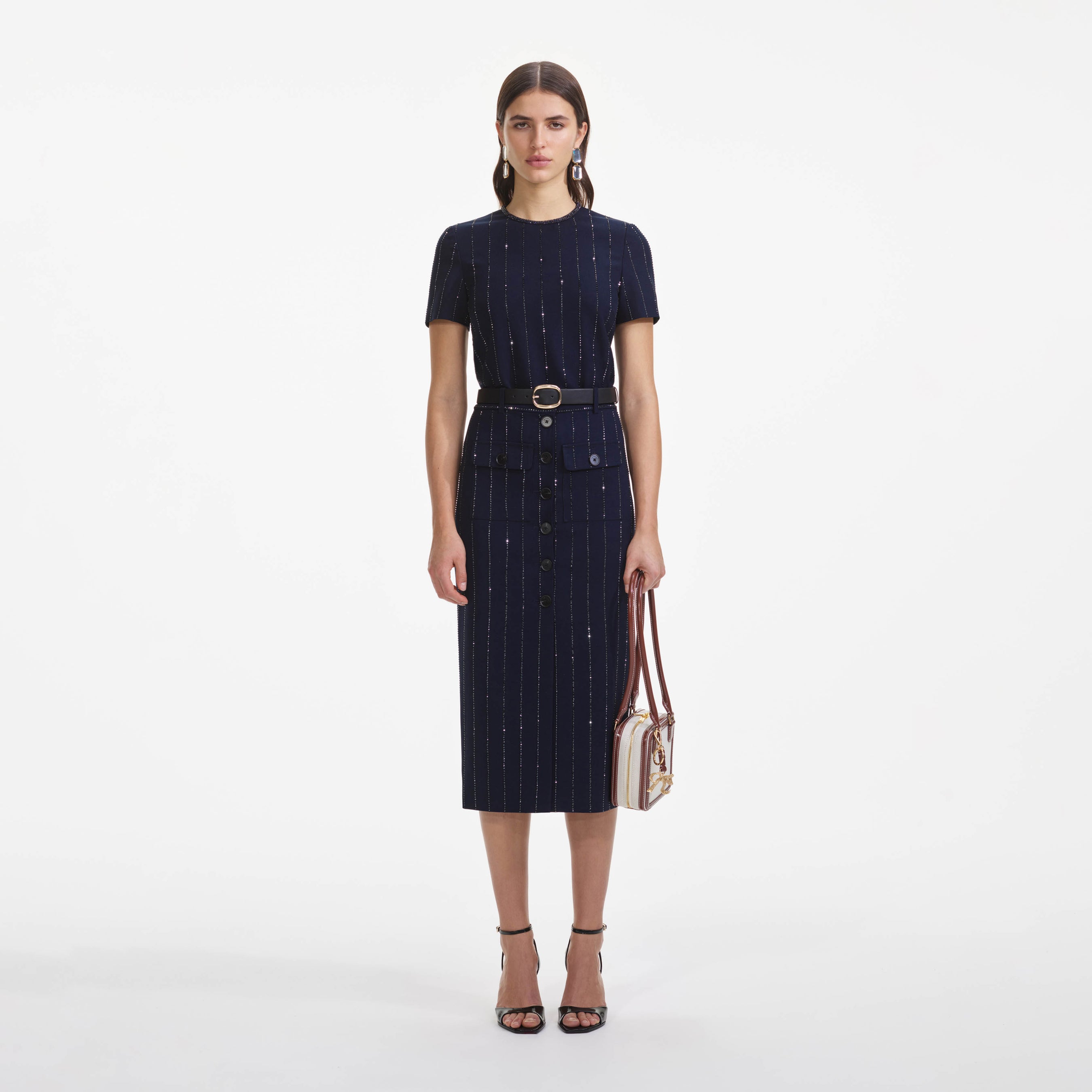 Navy Rhinestone Pinstripe Midi Skirt