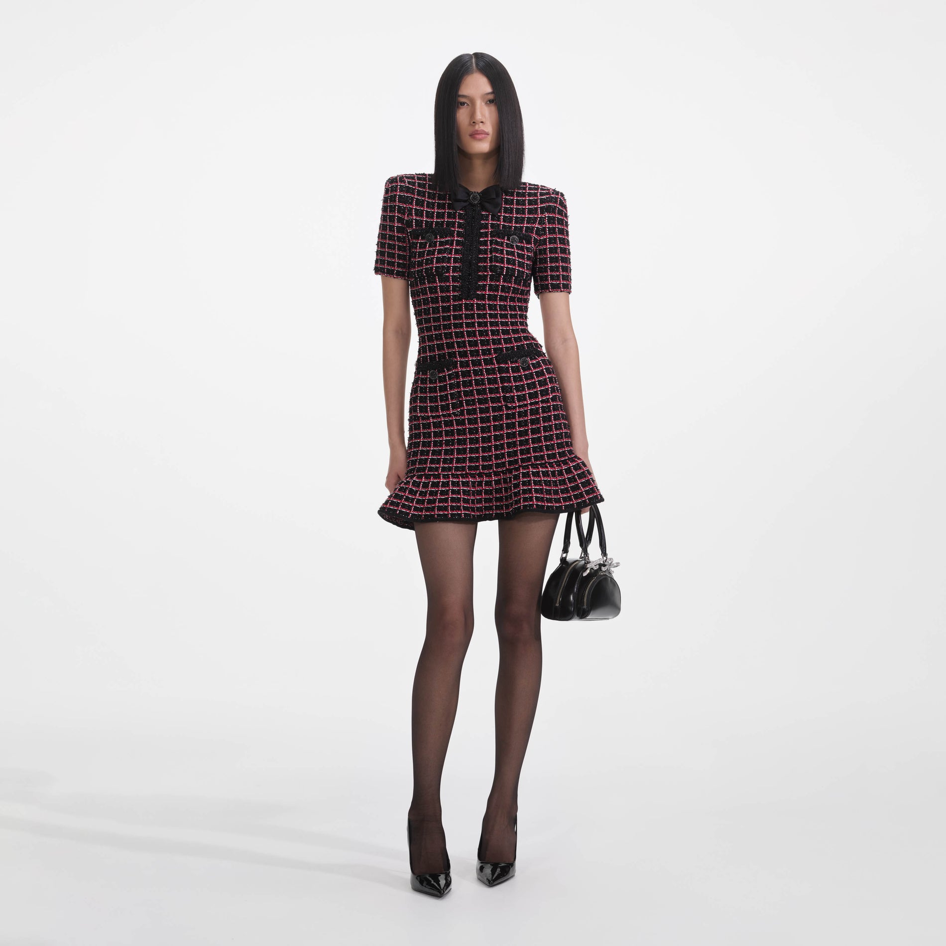 Black And Red Check Knit Mini Dress