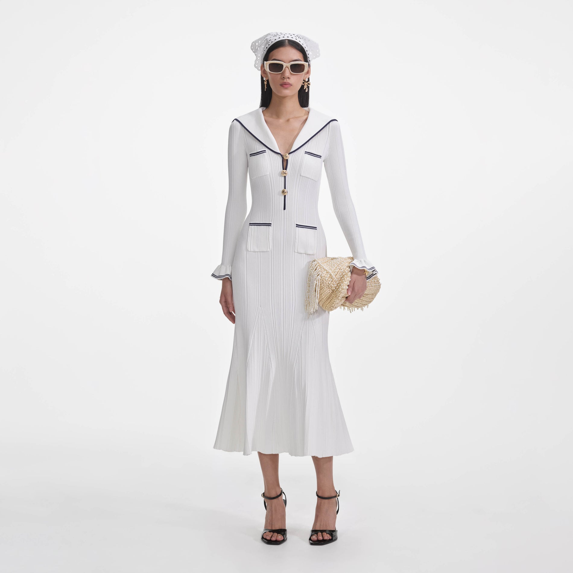 White Viscose Rib Knit Midi Dress