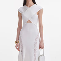 White Knit Lace Insert Midi Dress