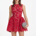 Red Fine Lace Flared Mini Dress