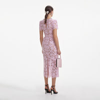 Pink Fine Lace Pearl Midi Dress