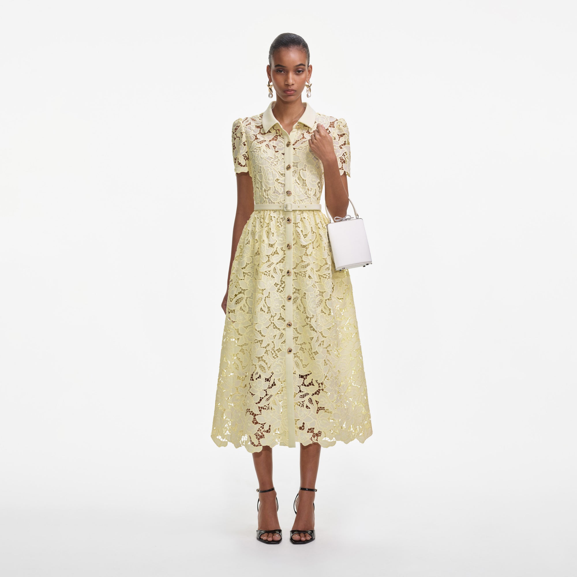 Front view of a woman wearing the Yellow Lace Collared Midi Dress