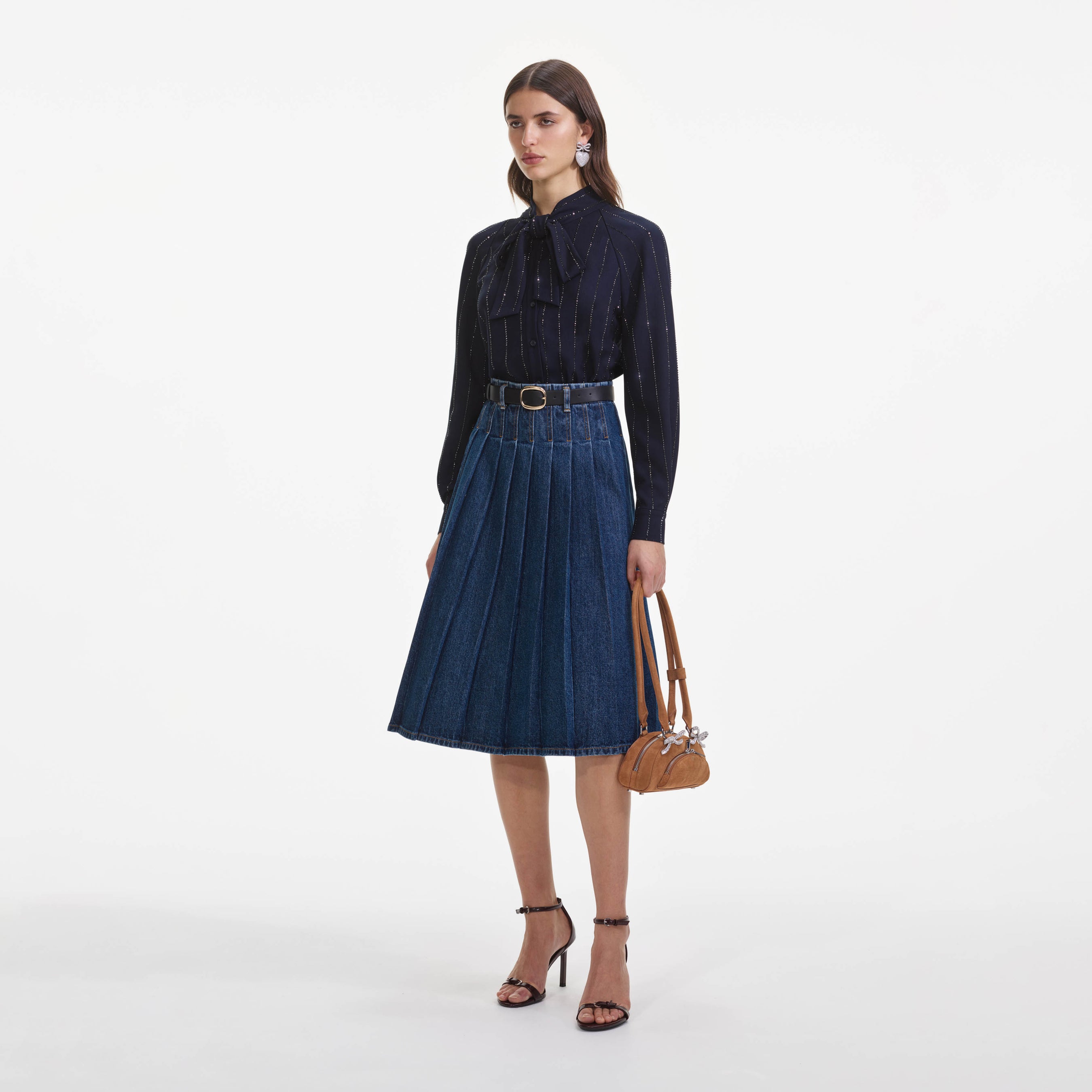 Pleated Denim Midi Skirt