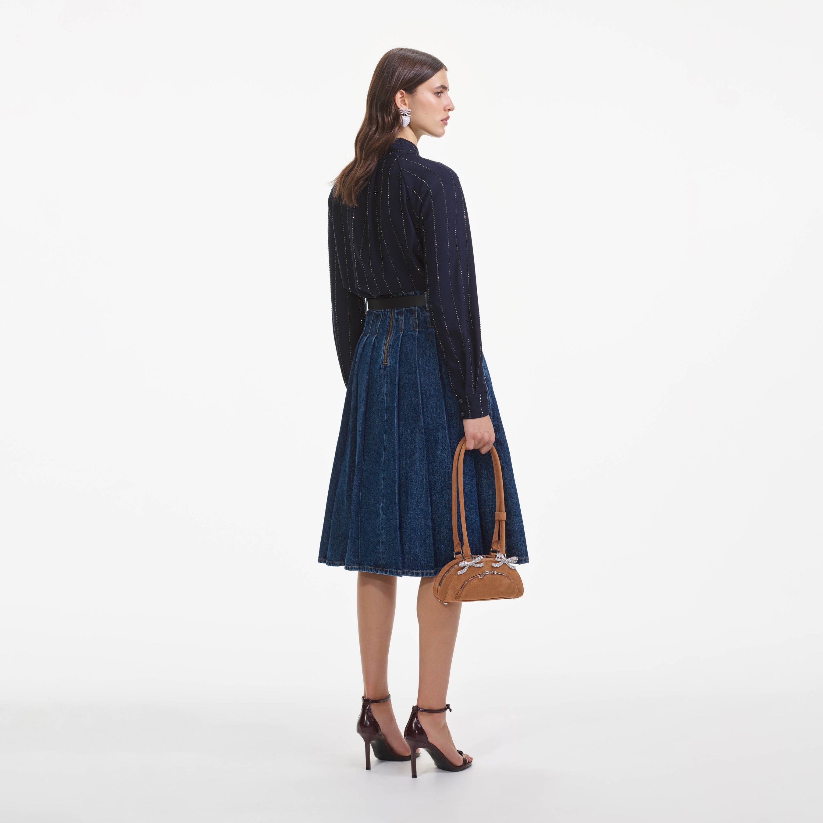 Pleated Denim Midi Skirt