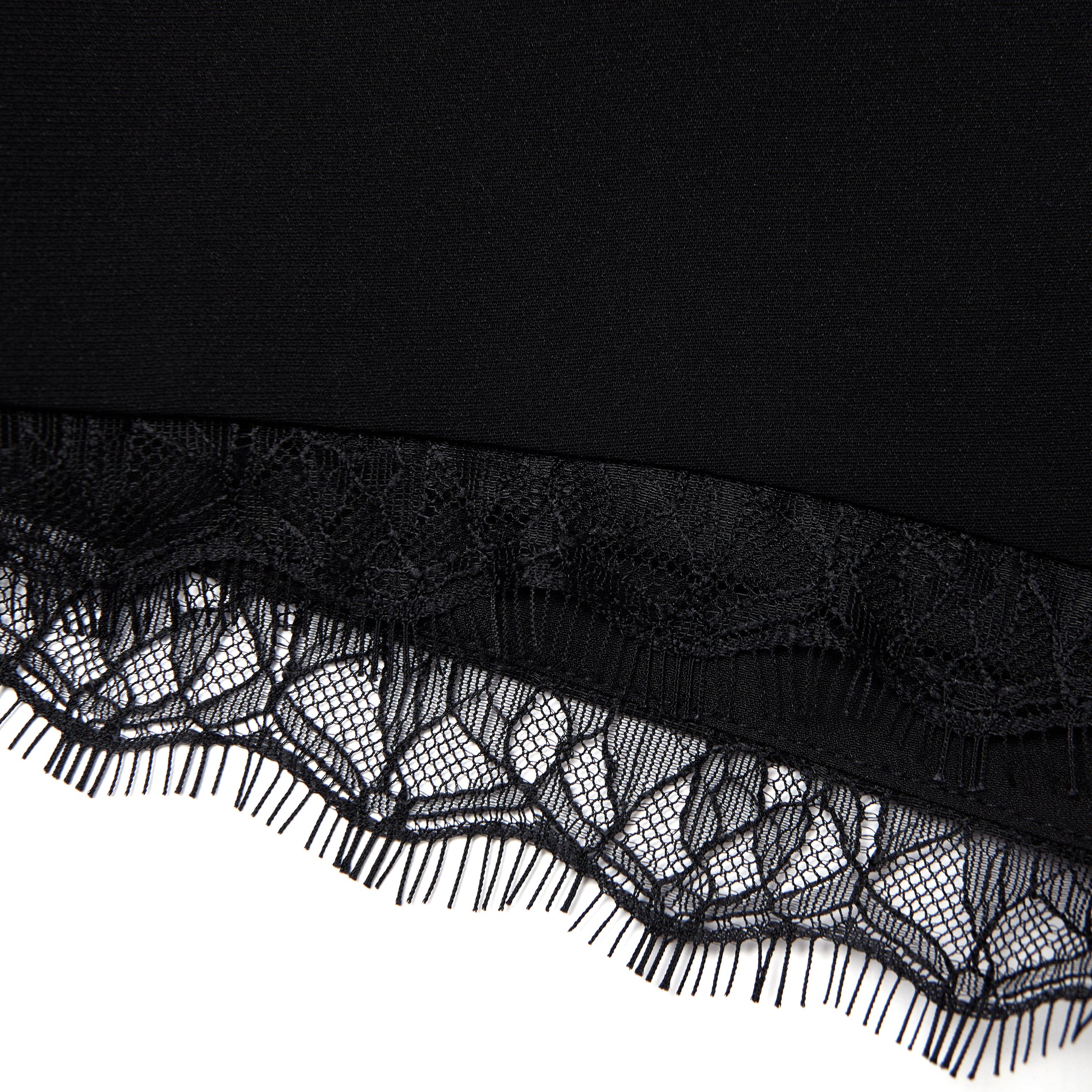 Side view of a woman wearing the Black Stretch Crepe Lace Short