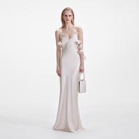 Champagne Flower Satin Maxi Dress