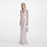 Champagne Flower Satin Maxi Dress