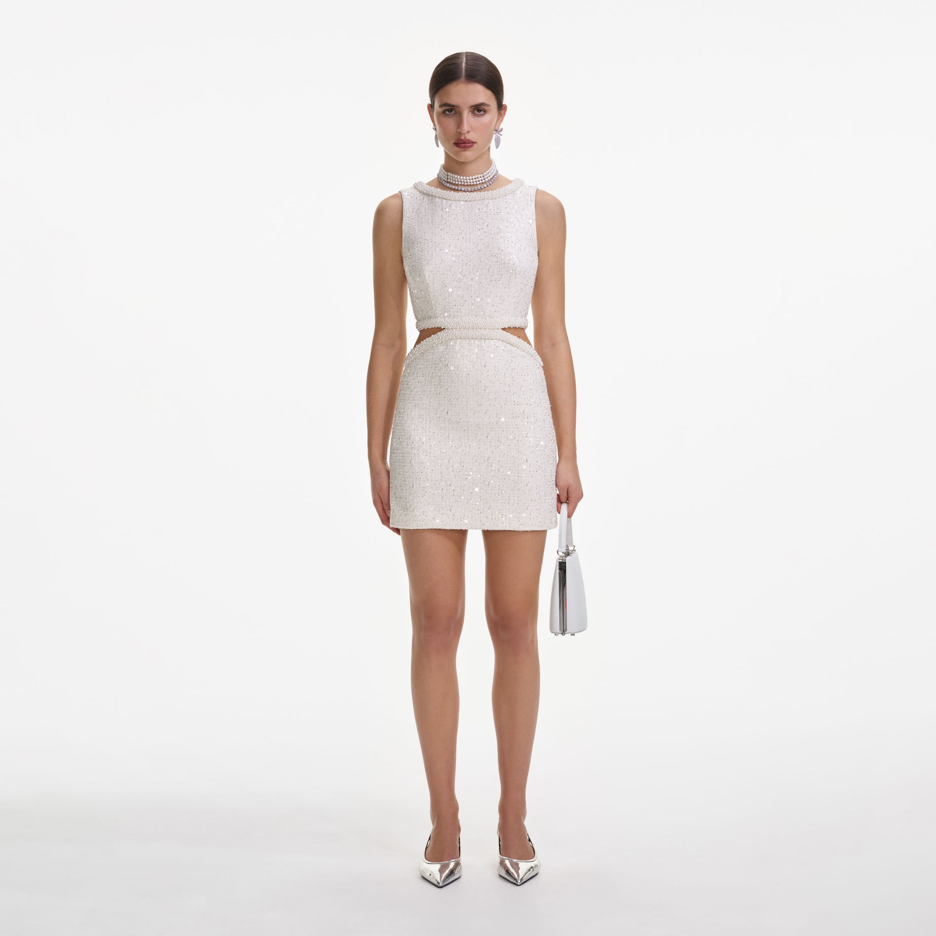 Cream Boucle Pearl Mini Dress