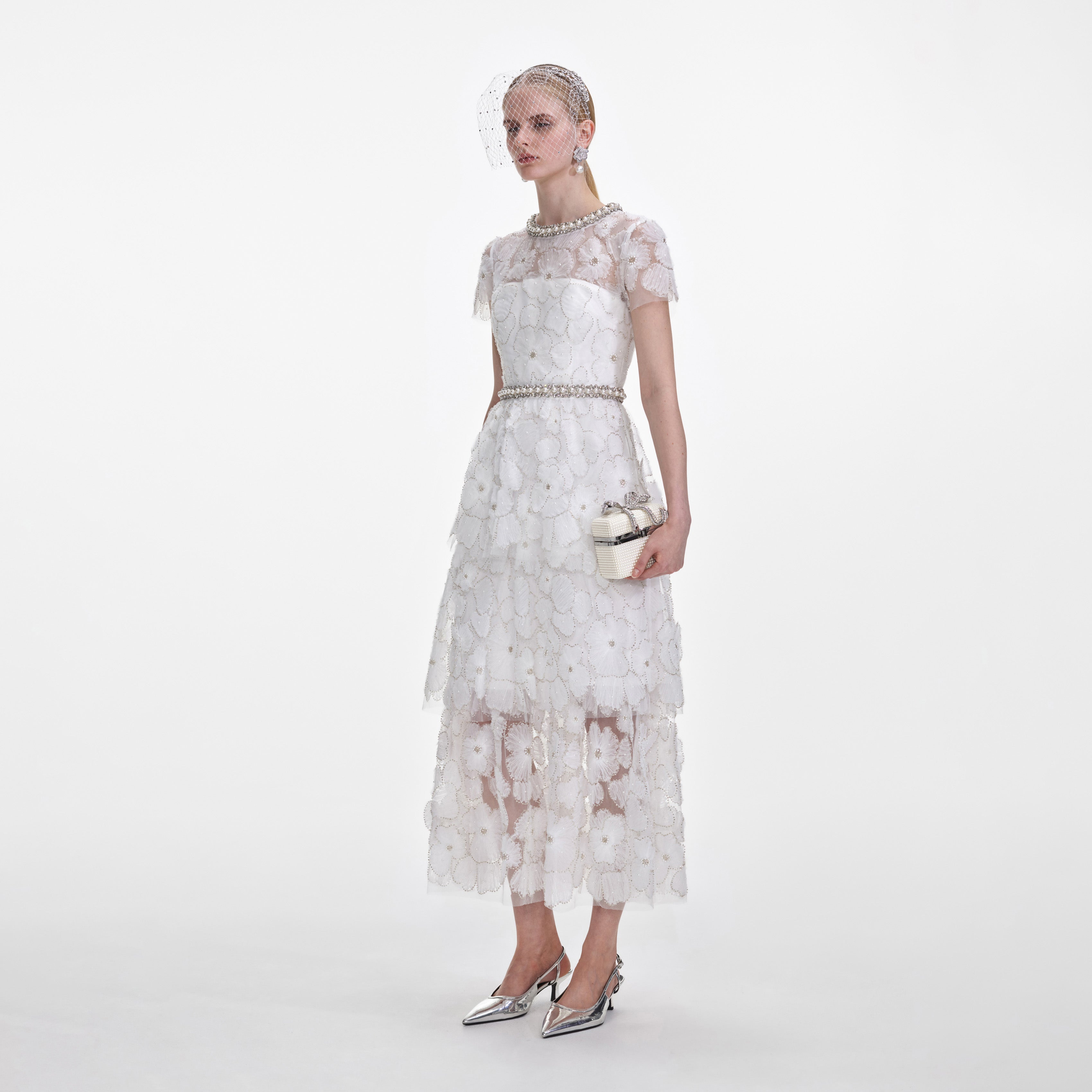 White Embellished Tulle Tiered Midi Dress