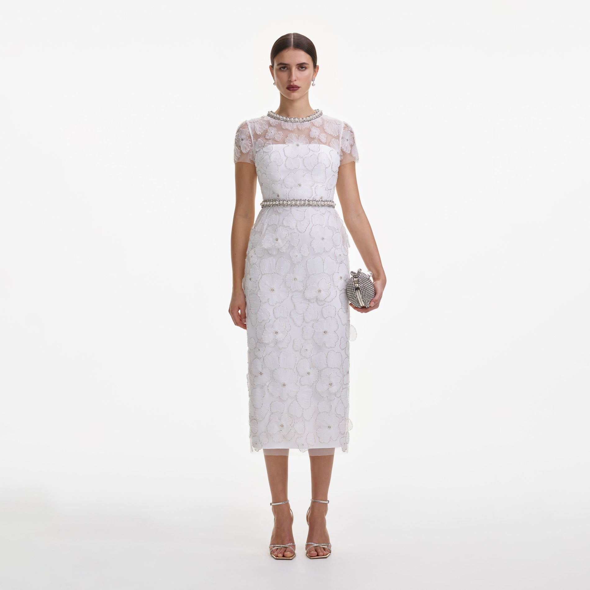 White Embellished Tulle Midi Dress