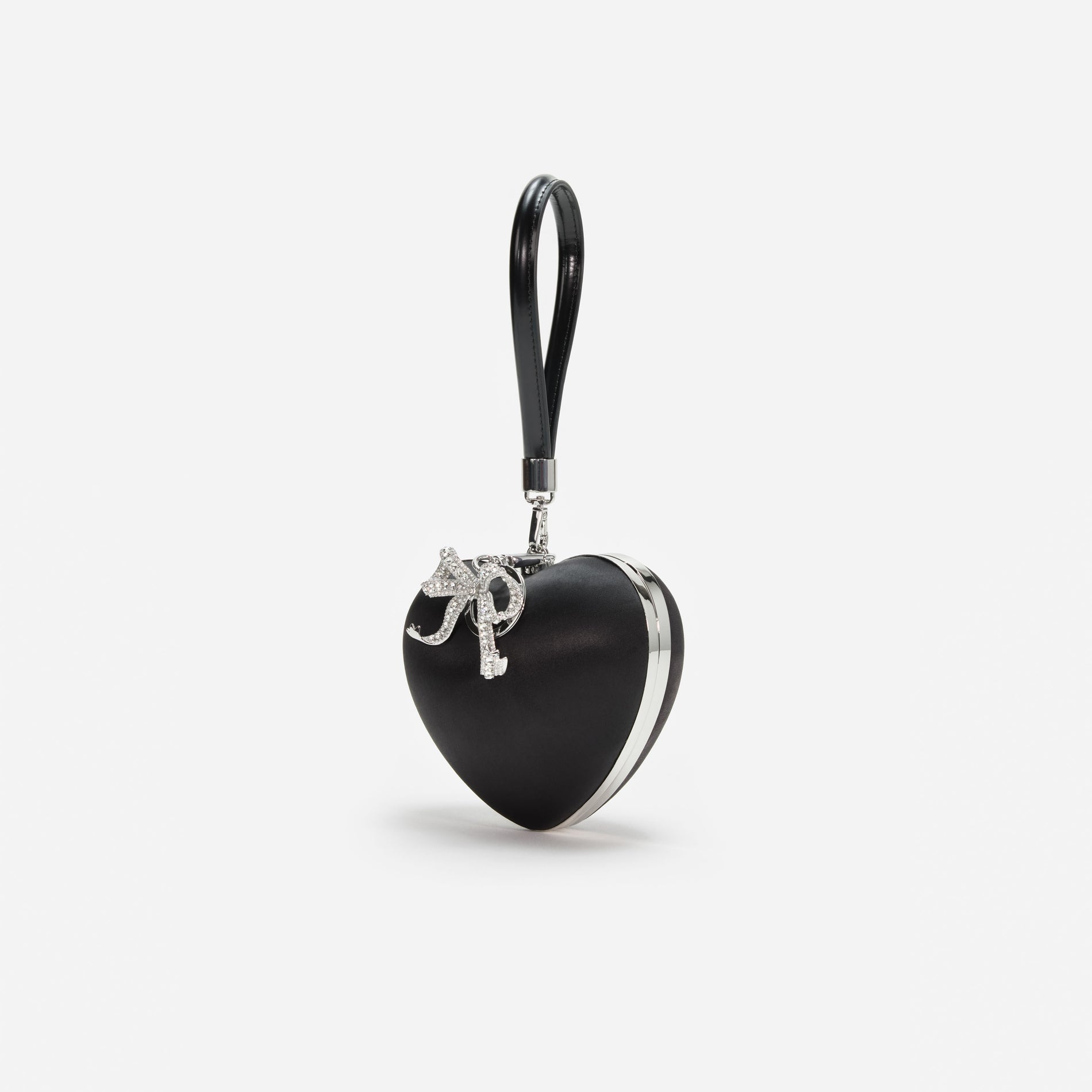 A photo of the Black Satin Top Handle Heart Clutch
