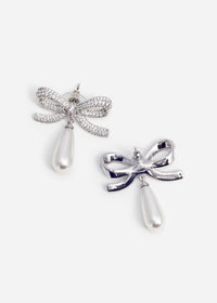 Crystal Bow Pearl Droplet Earrings