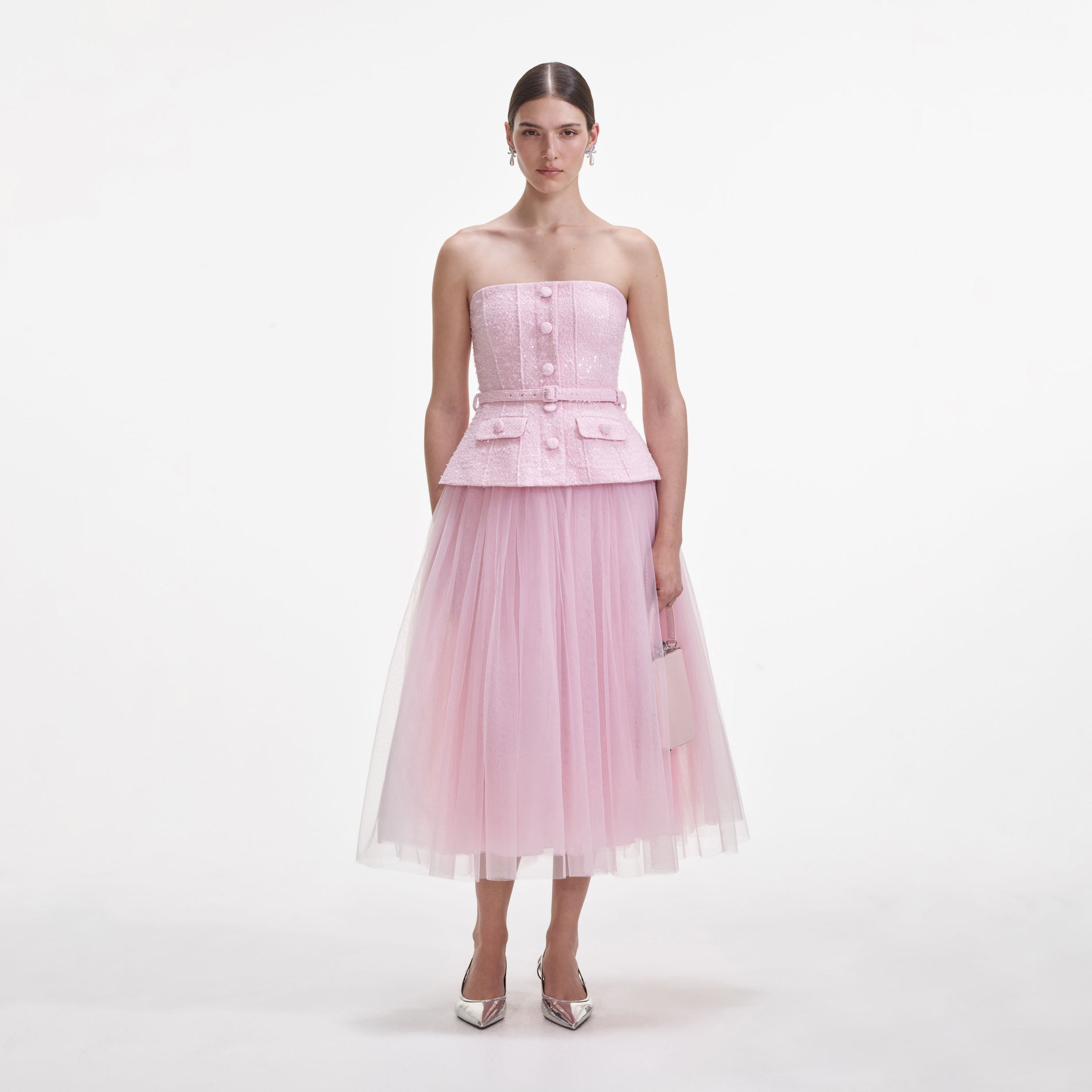 Pink Boucle Tulle Midi Dress