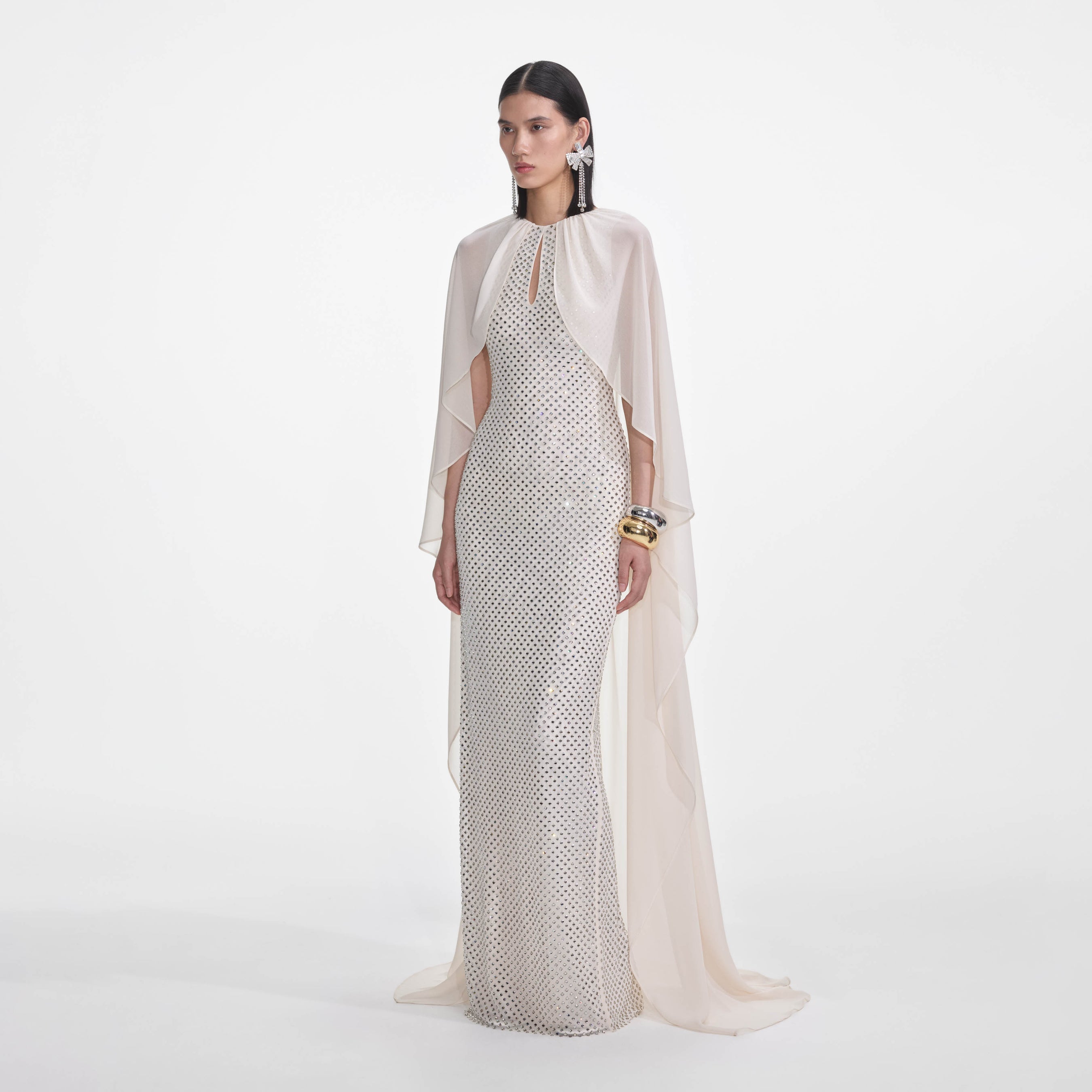 Cream Rhinestone Cape Maxi Dress