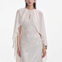 Cream Rhinestone Cape Maxi Dress