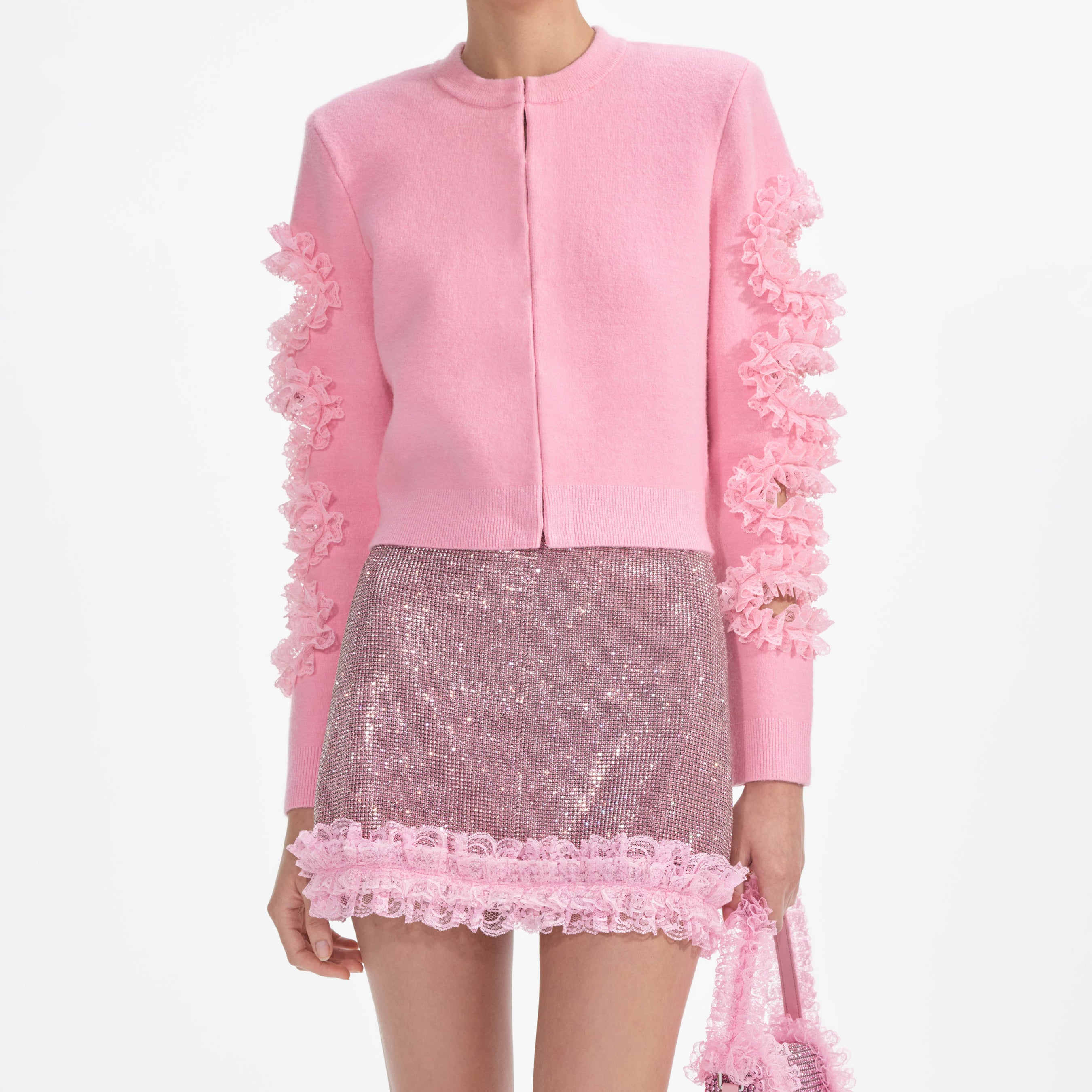 Pink Cut Out Lace Detail Cardigan