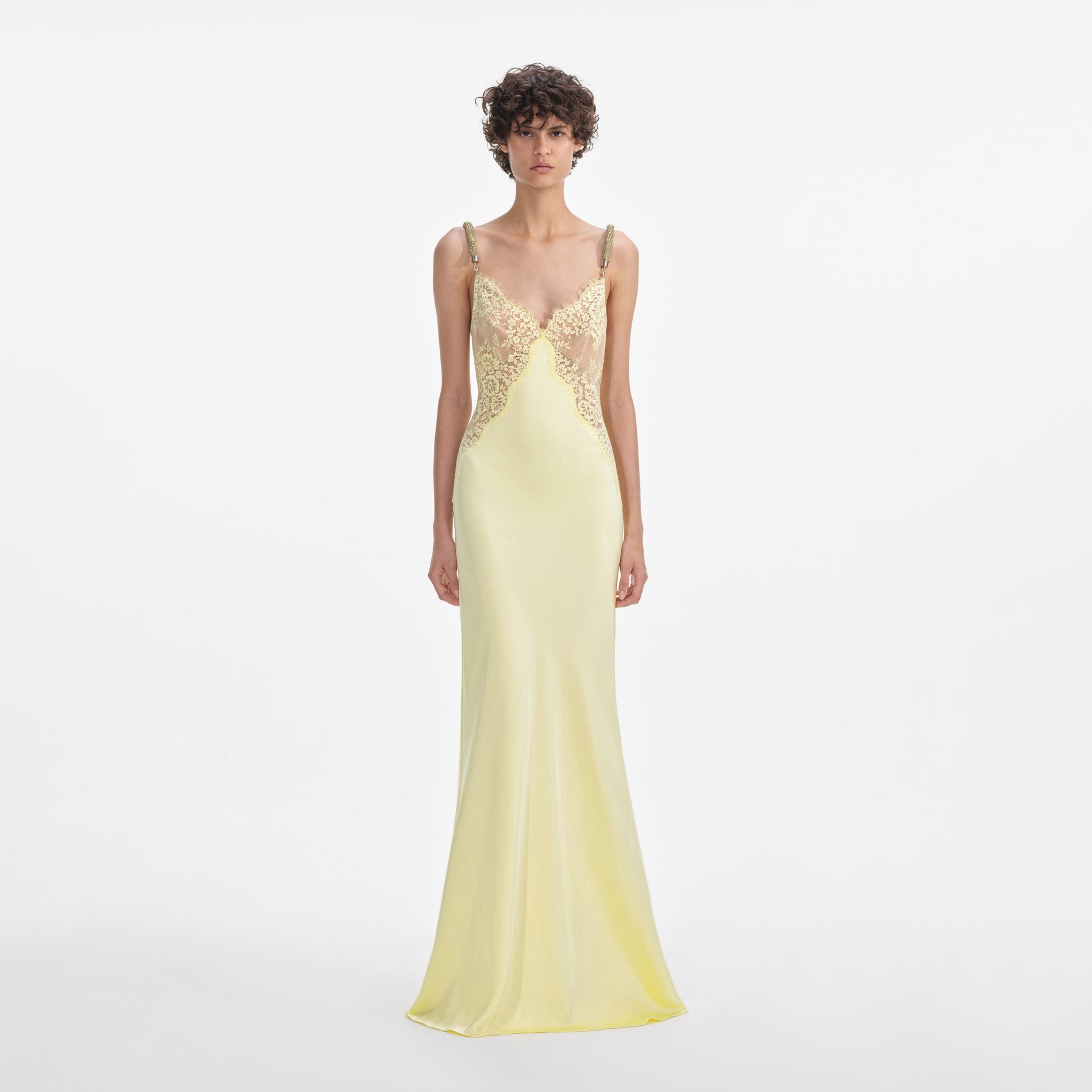 Front view of a woman wearing the Yellow Lace Satin Maxi Dress