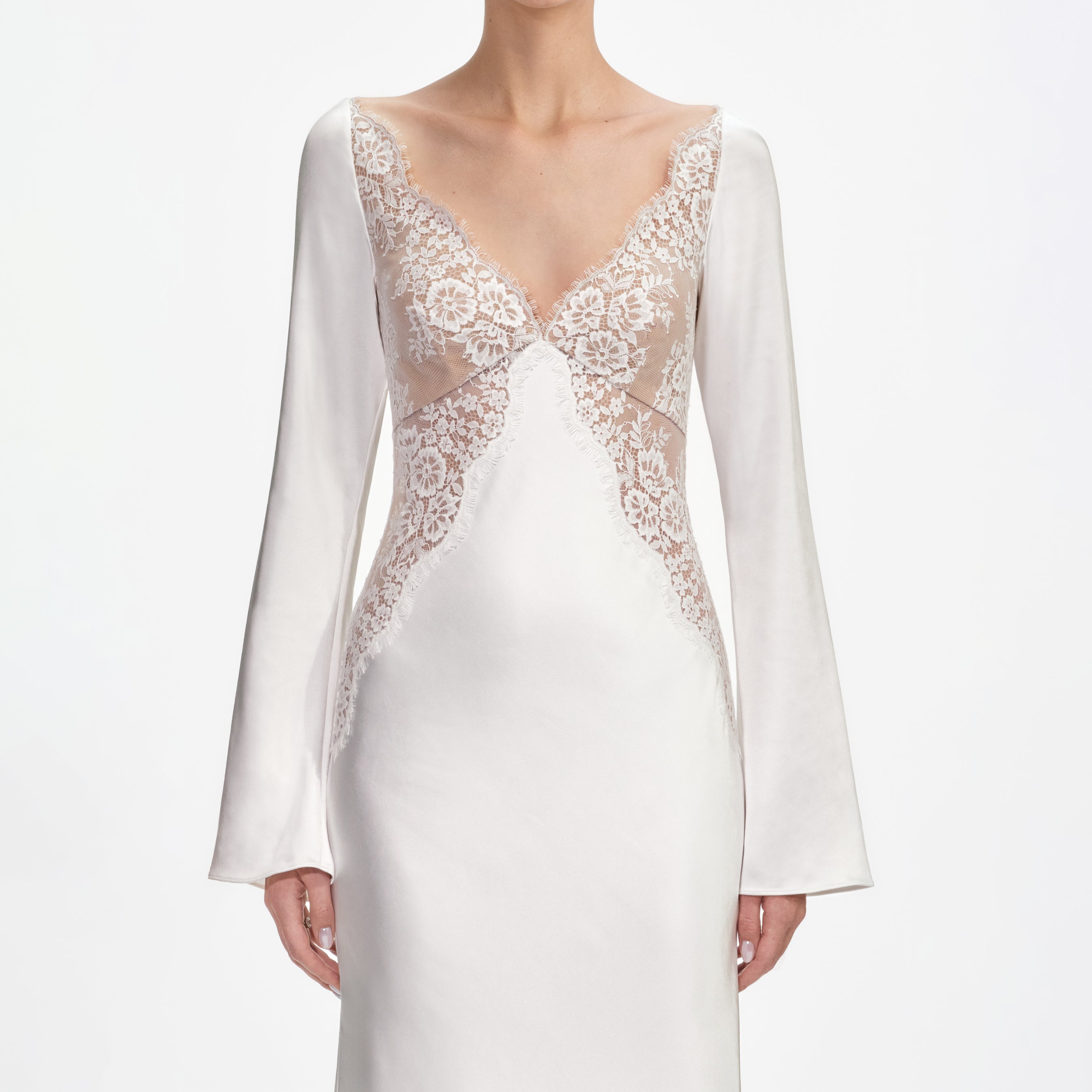 White Lace Satin Long Sleeve Maxi Dress