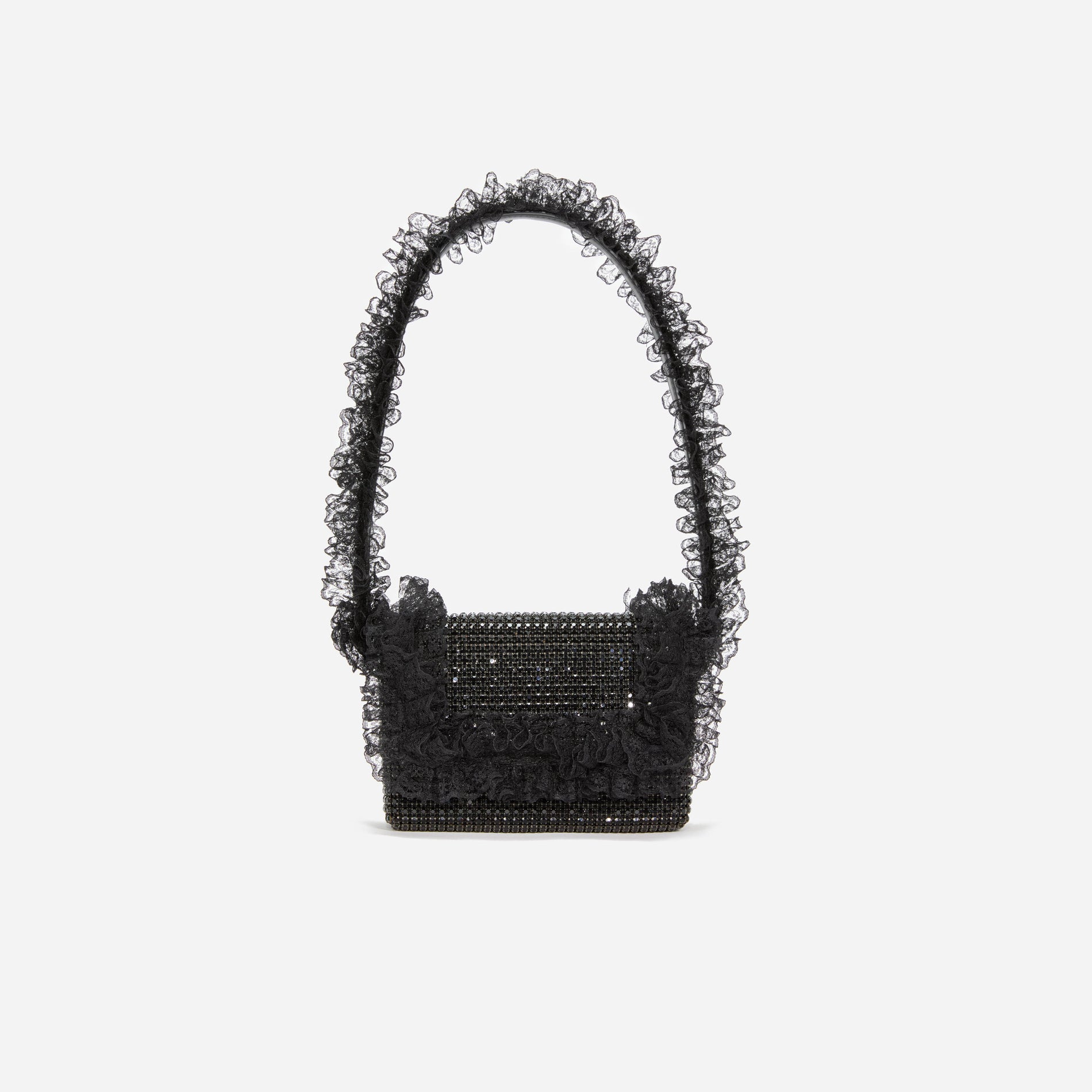 Front view of a woman wearing the Black Crystal Lace Detail Bag