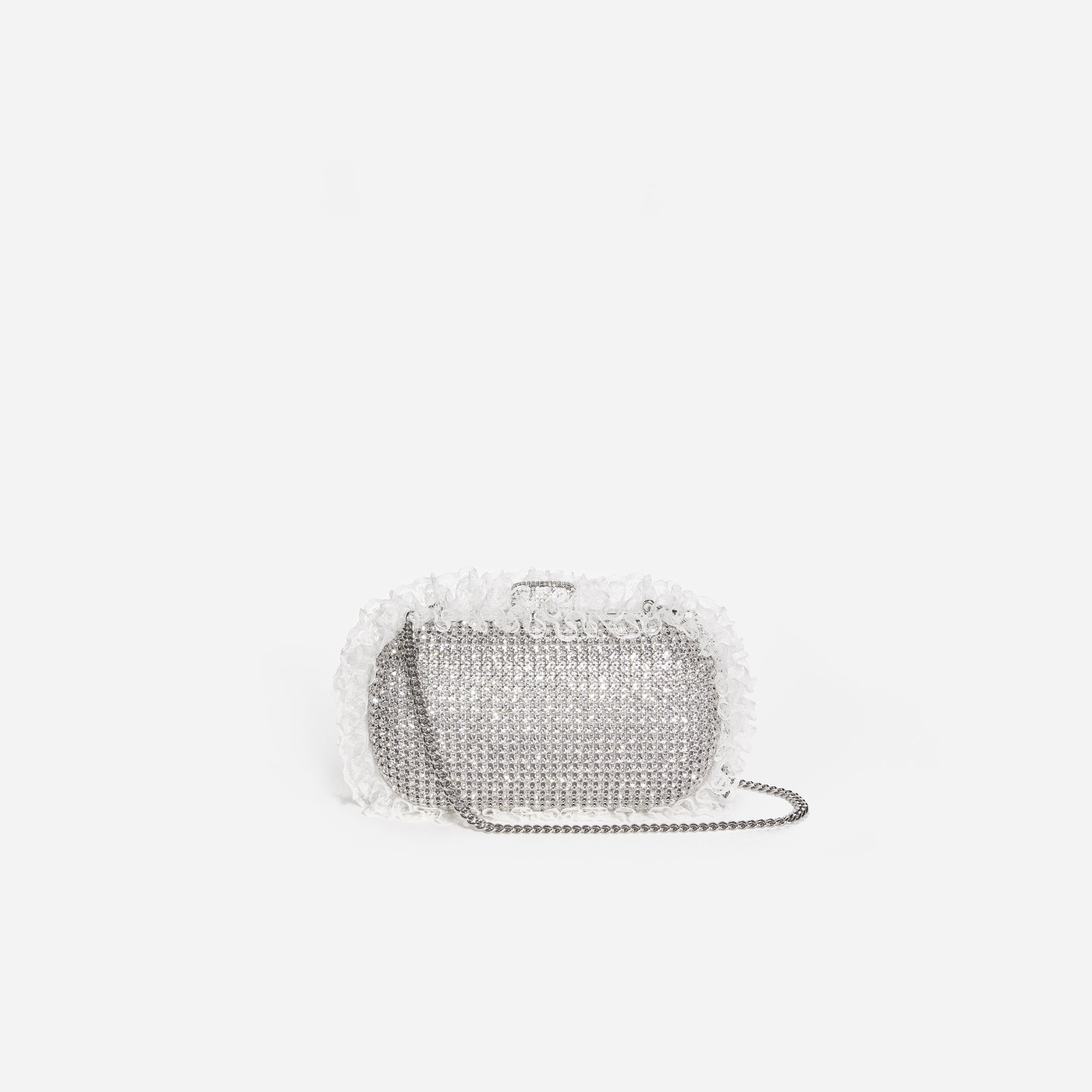 A photo of the Silver Crystal Lace Detail Clutch