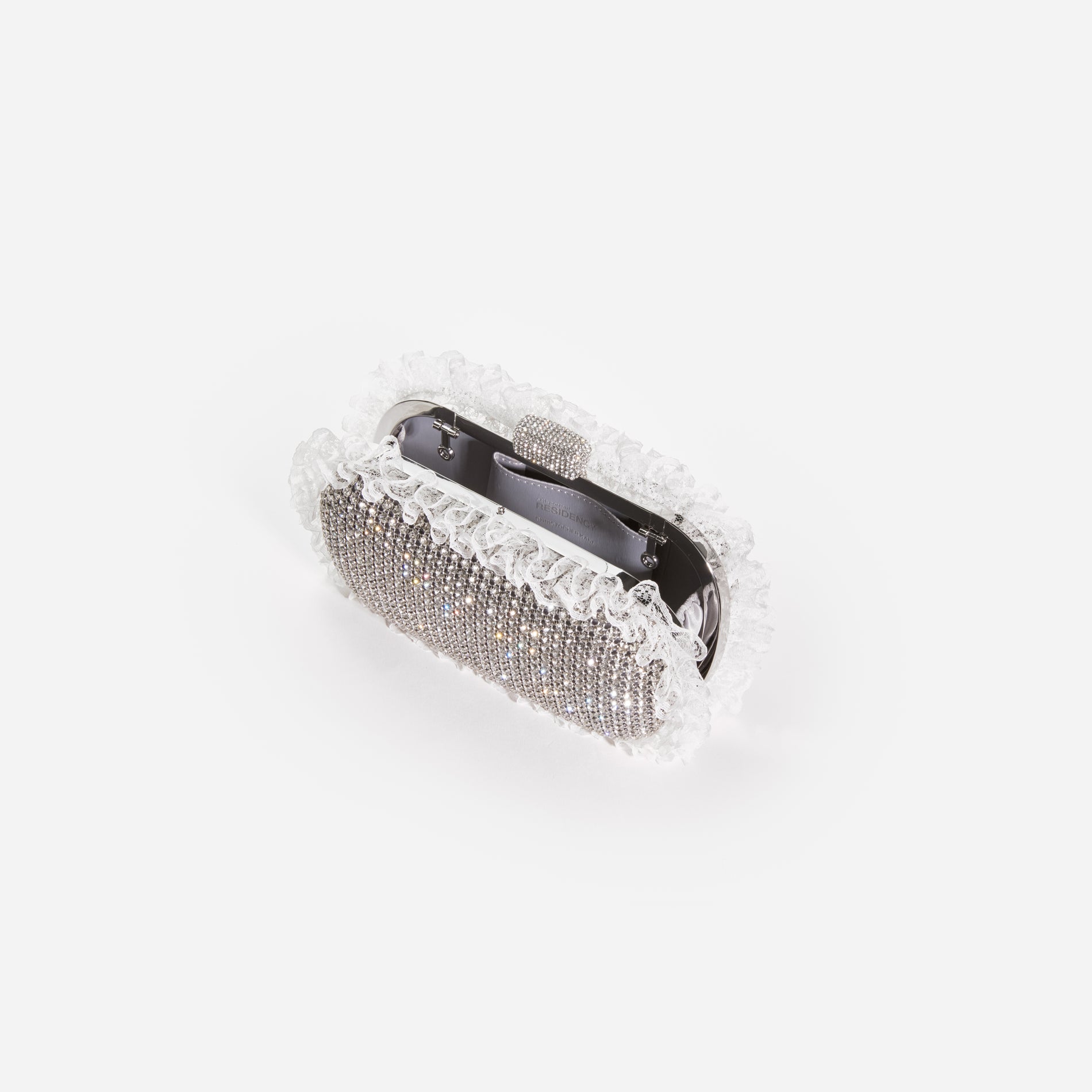 A photo of the Silver Crystal Lace Detail Clutch