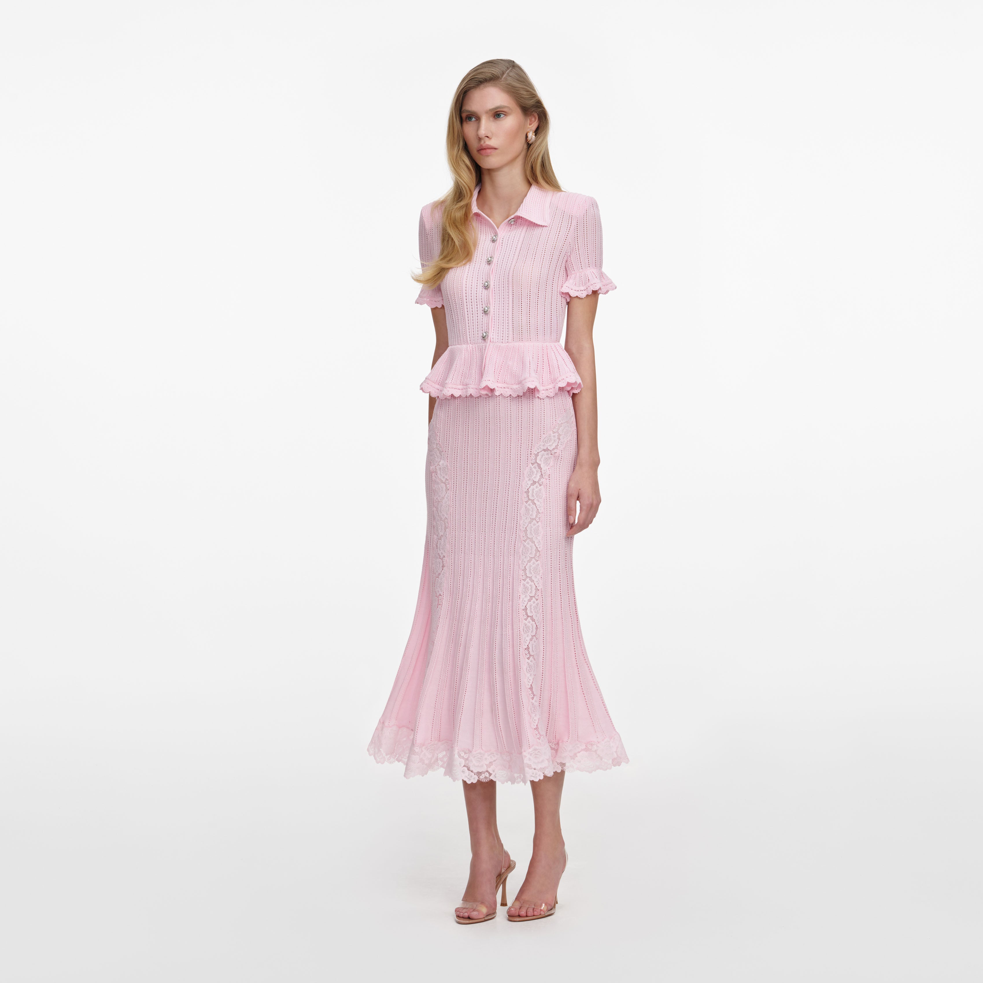 Pink Pointelle Peplum Knit Midi Dress