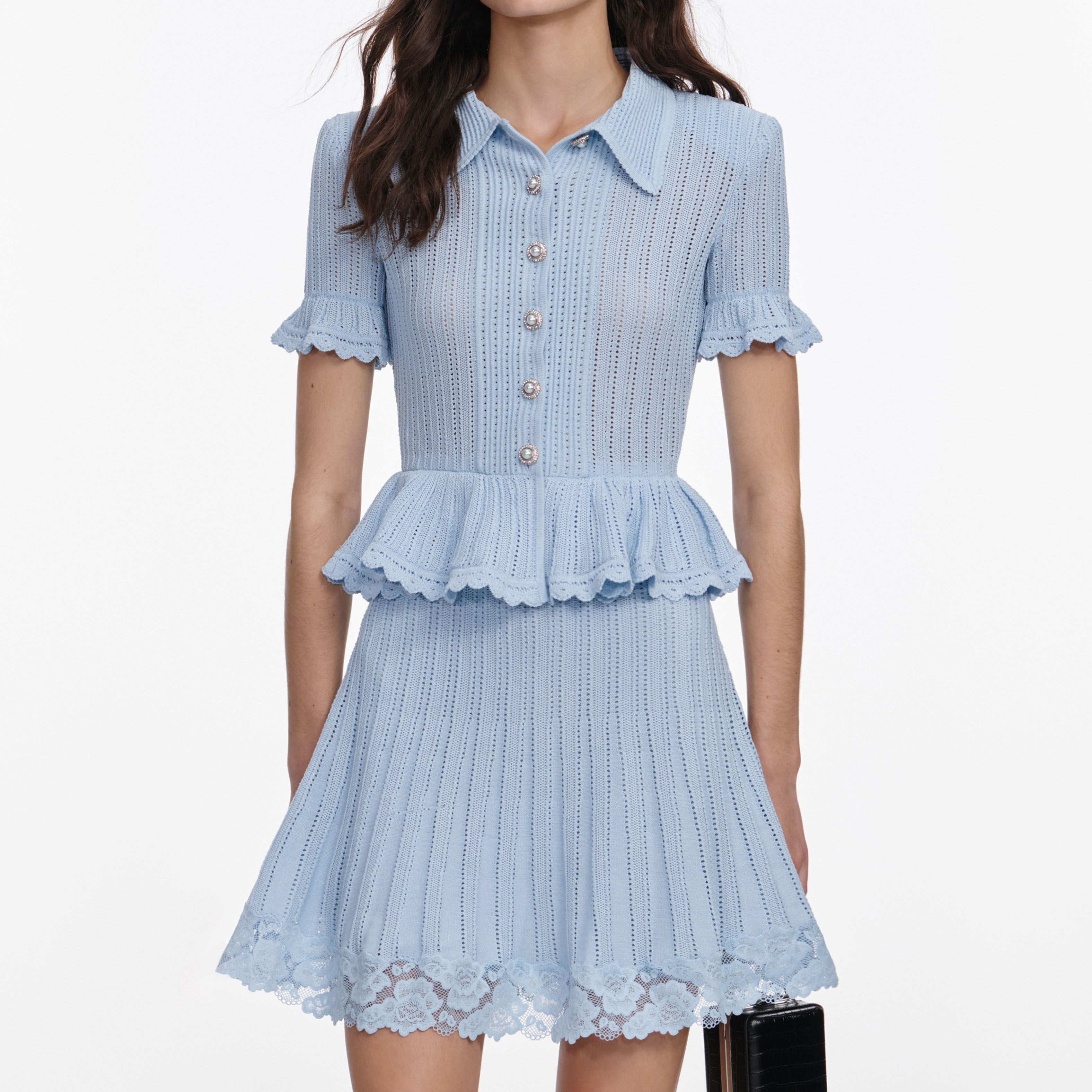 Blue Pointelle Peplum Knit Mini Dress