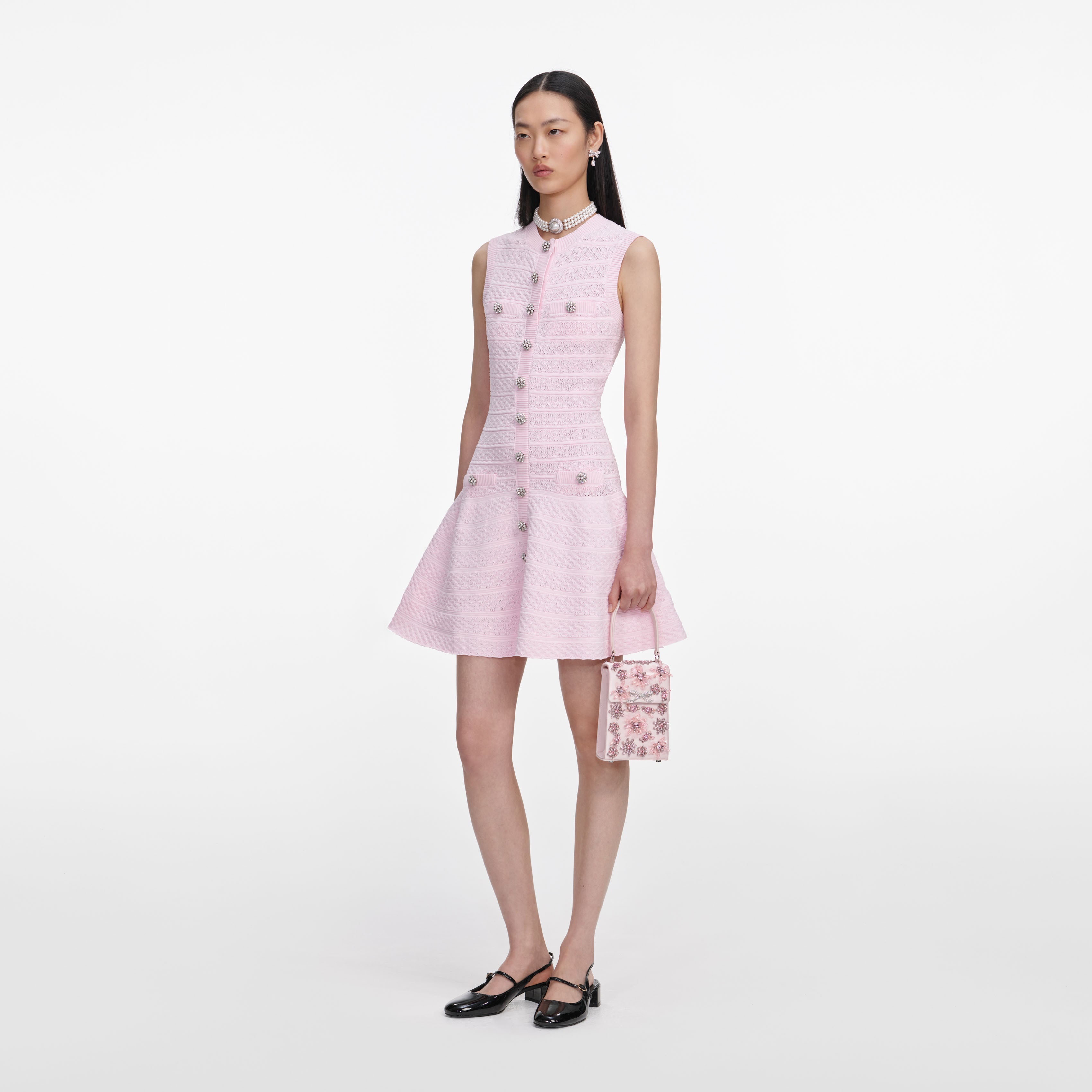 Pink Pointelle Diamante Knit Mini Dress