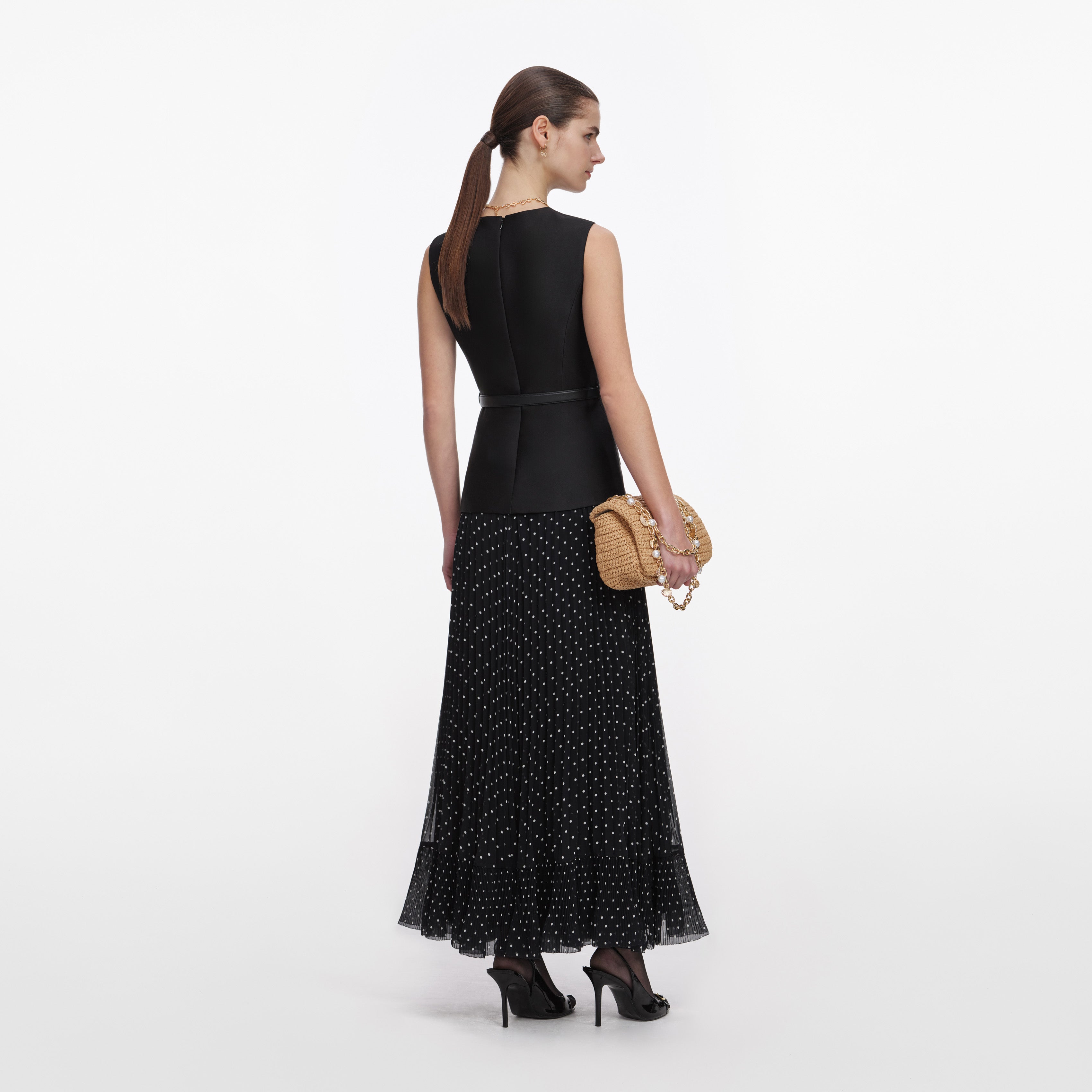 Black Taffeta Polka Dot Midi Dress