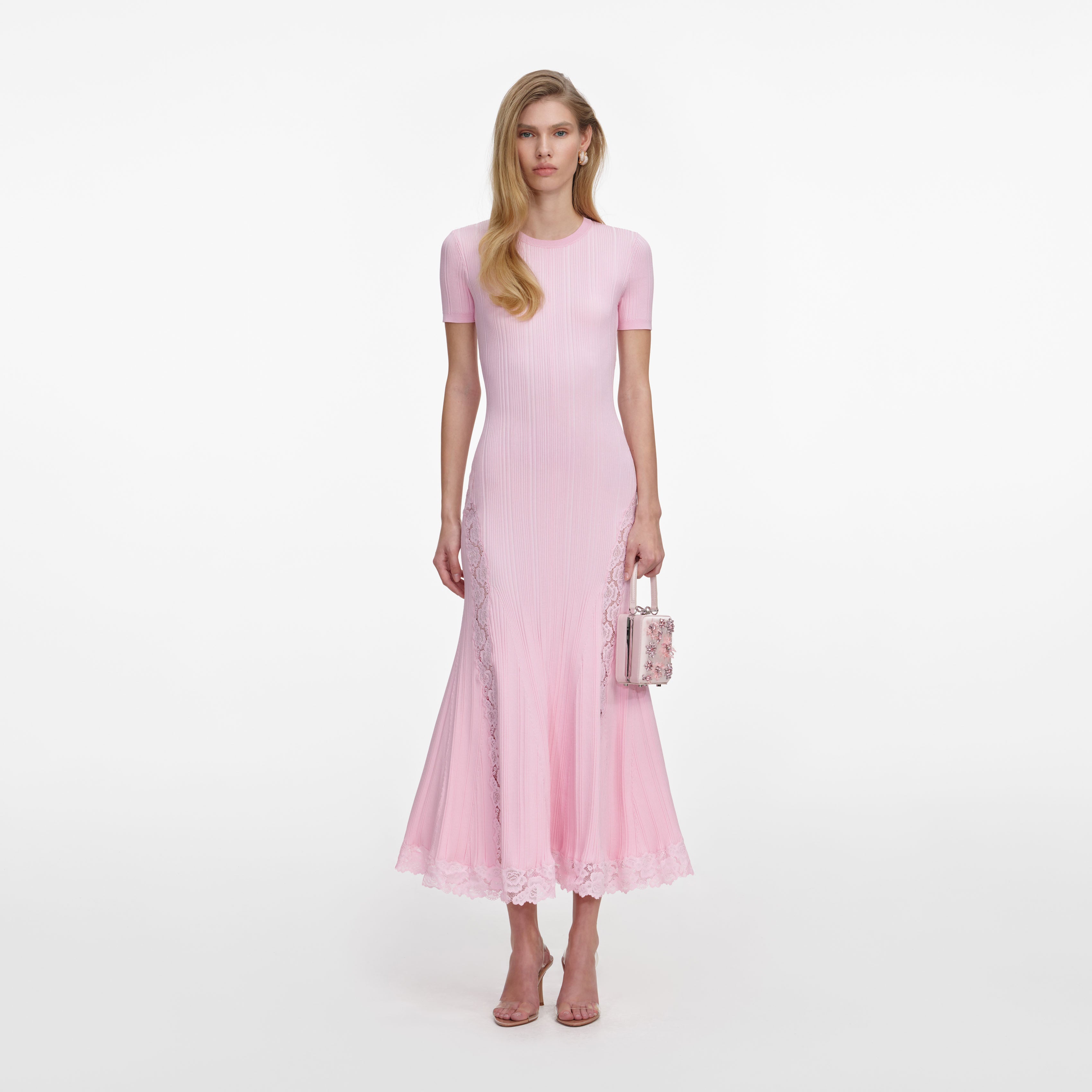 Pink Knit Lace Insert Midi Dress