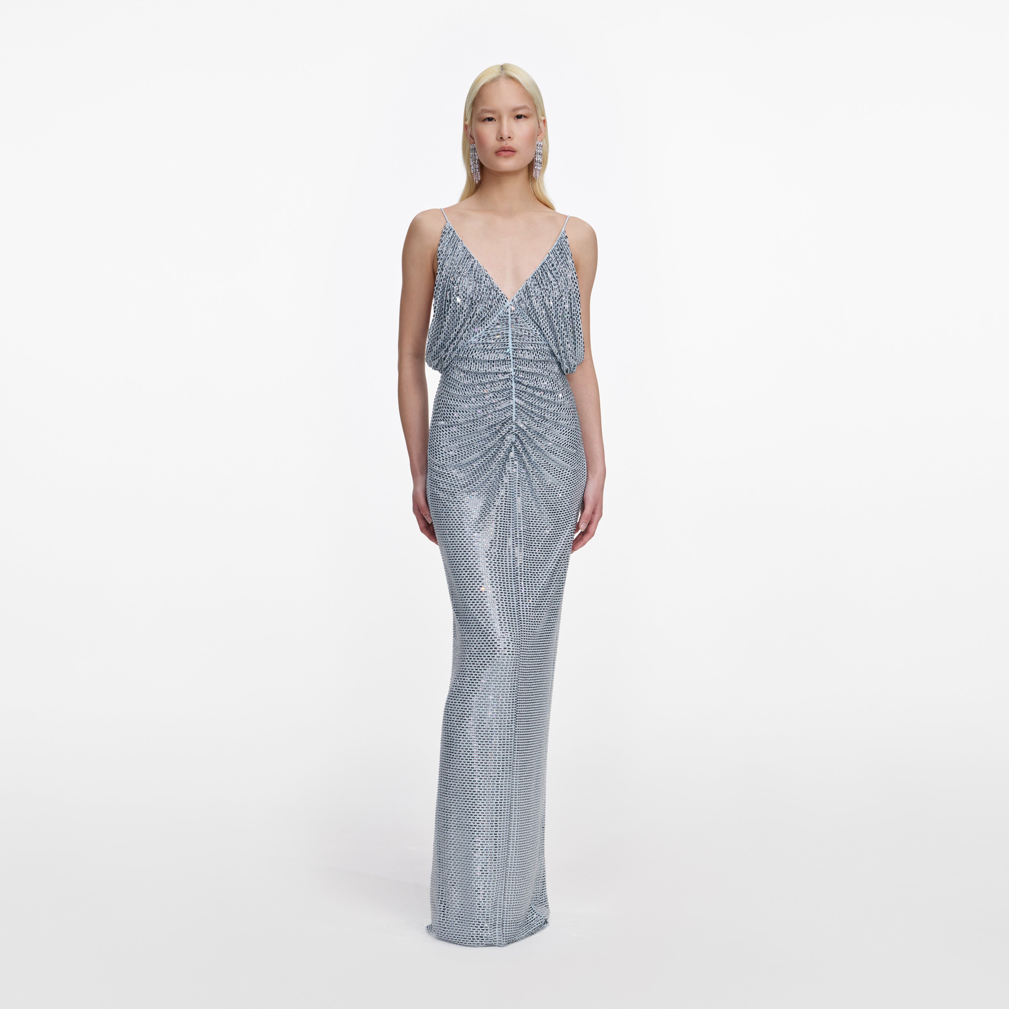 Blue Rhinestone Mesh Maxi Dress