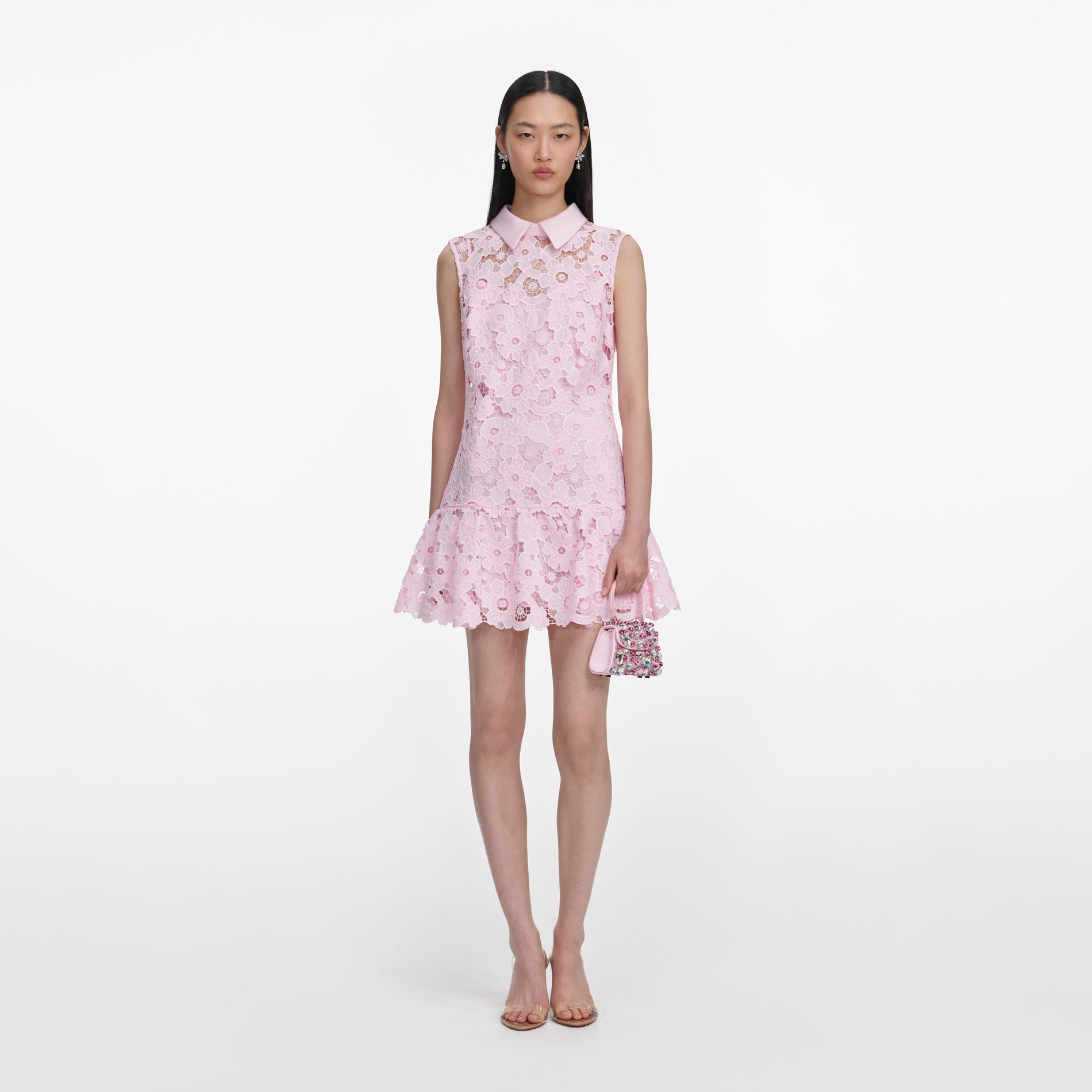 Front view of a woman wearing the Pink Lace Collared Mini Dress