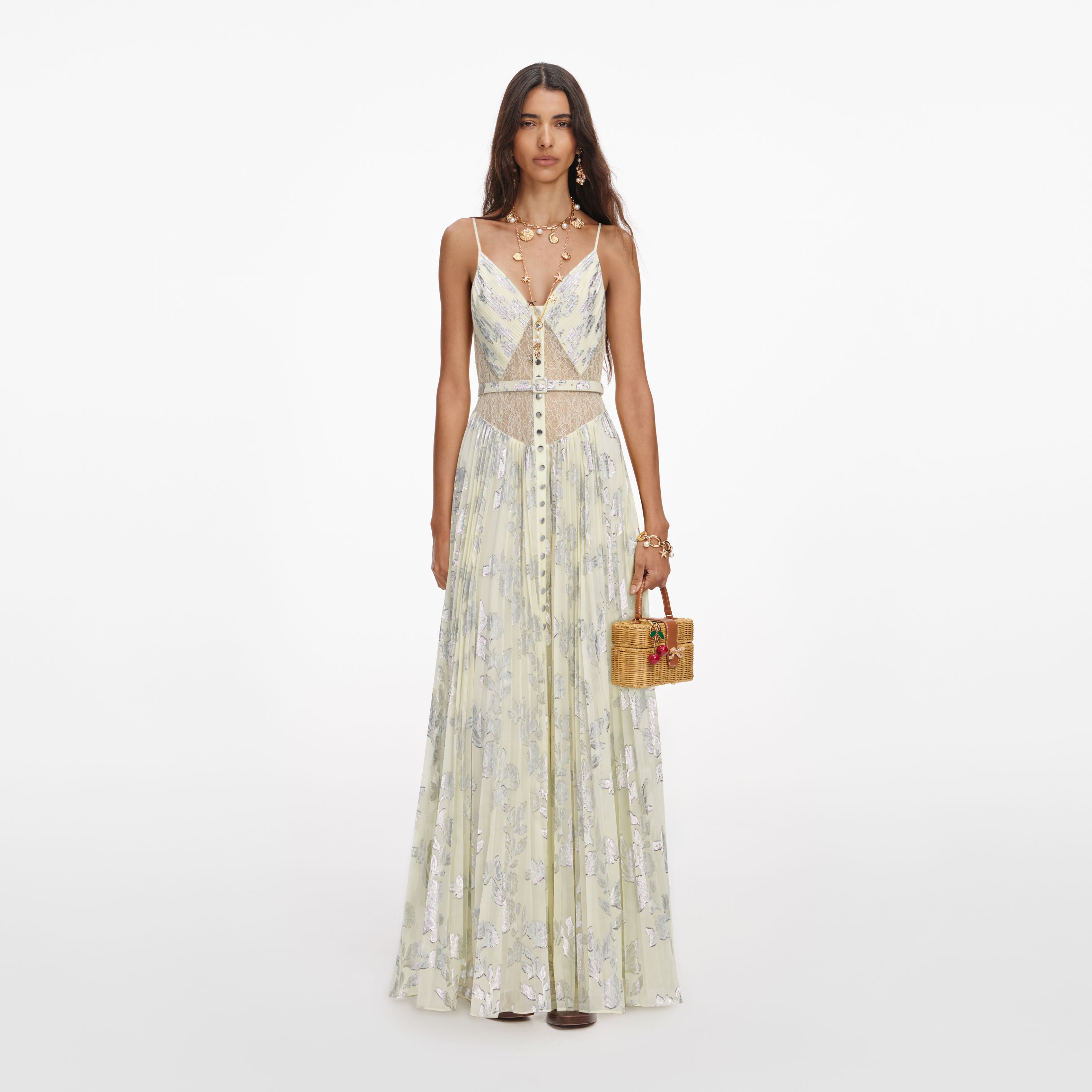 Yellow Metallic Chiffon Maxi Dress