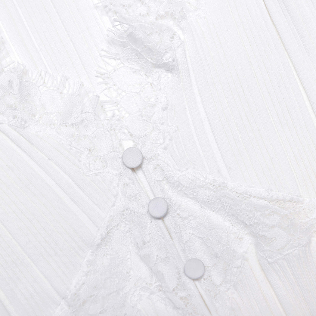 A close up of the fabric for the White Lace Trim Knit Top