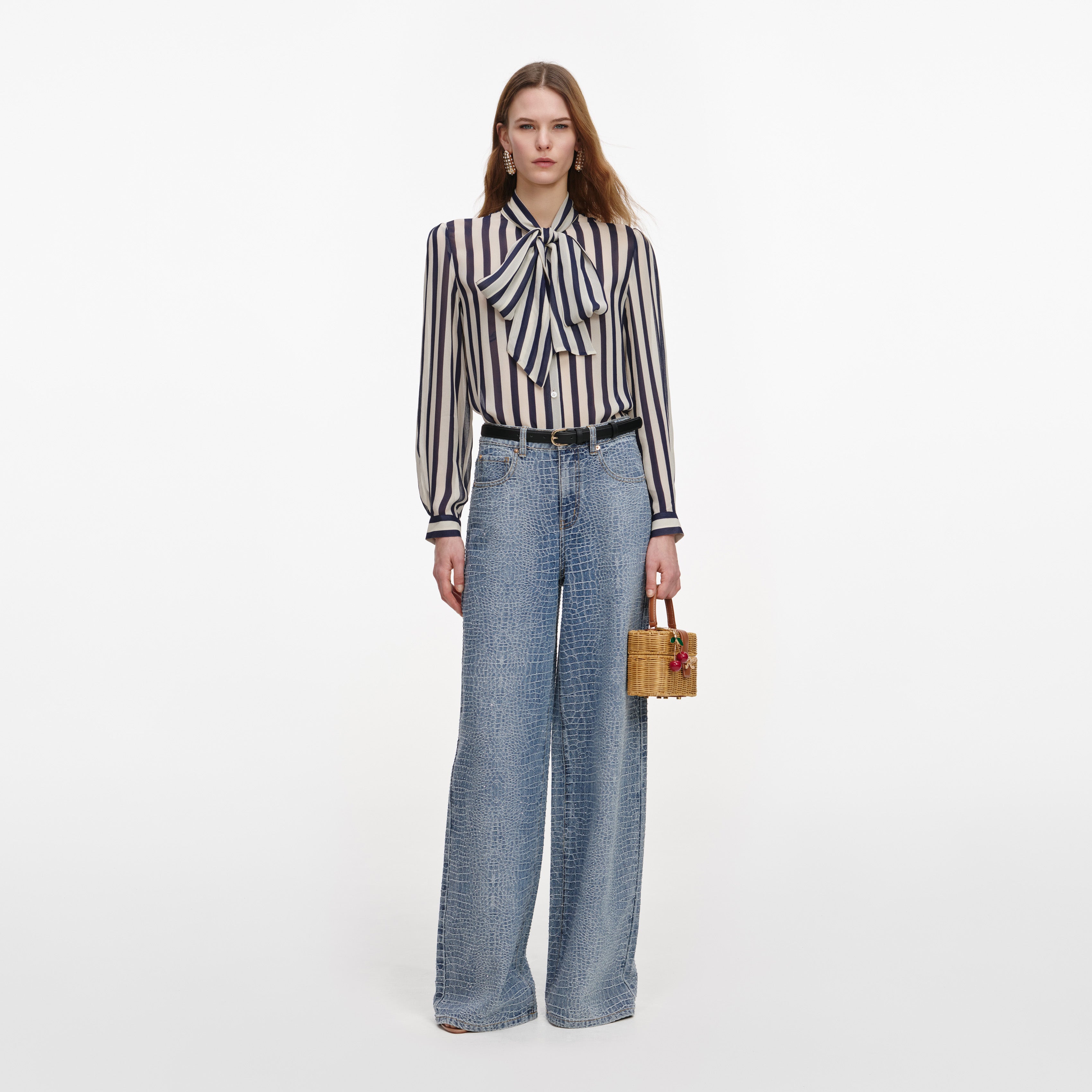 Navy Stripe Tie Neck Blouse