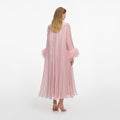 Pink Metallic Chiffon Feather Midi Dress