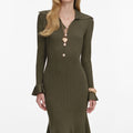 Khaki Pointelle Knit Midi Dress
