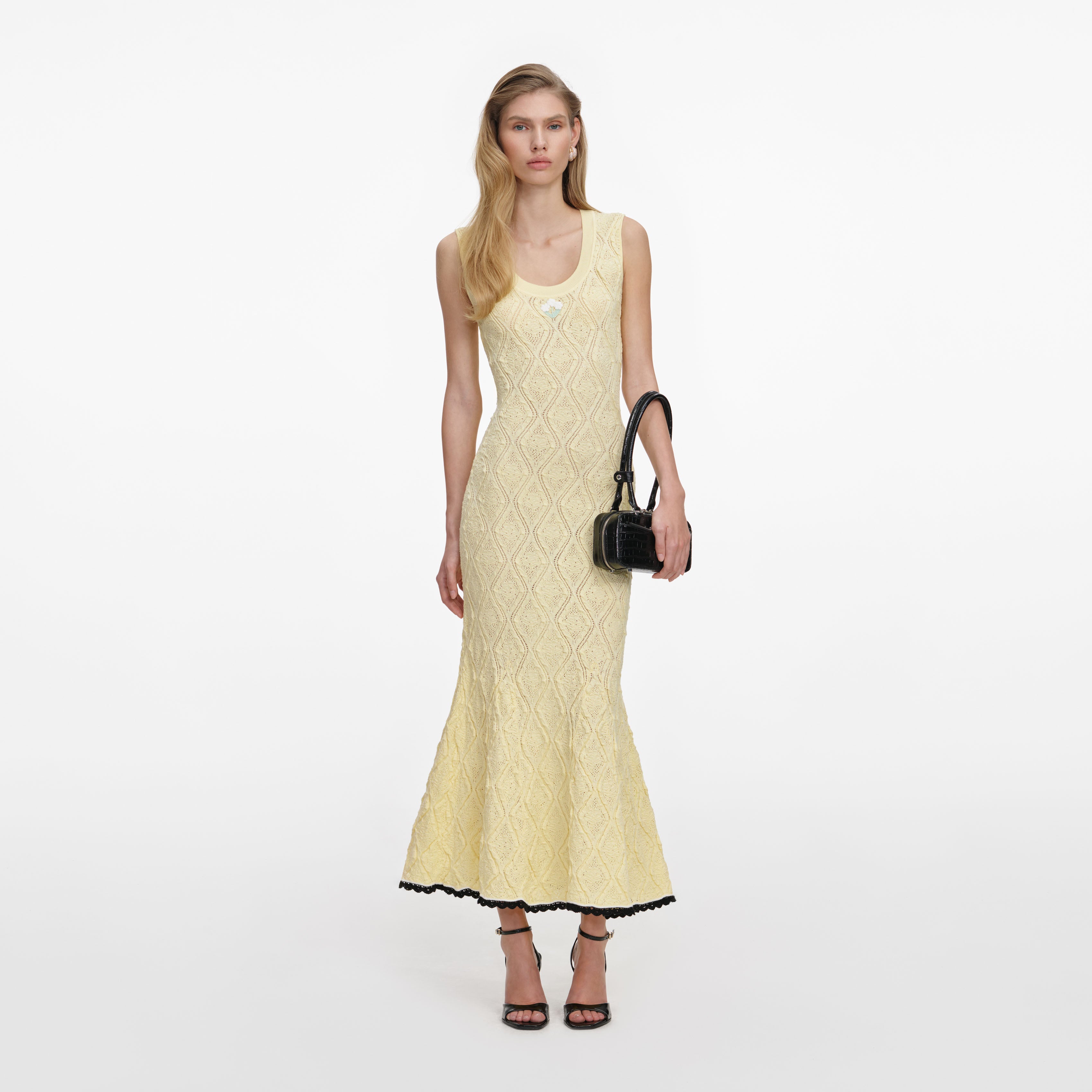 Yellow Pointelle Knit Midi Dress