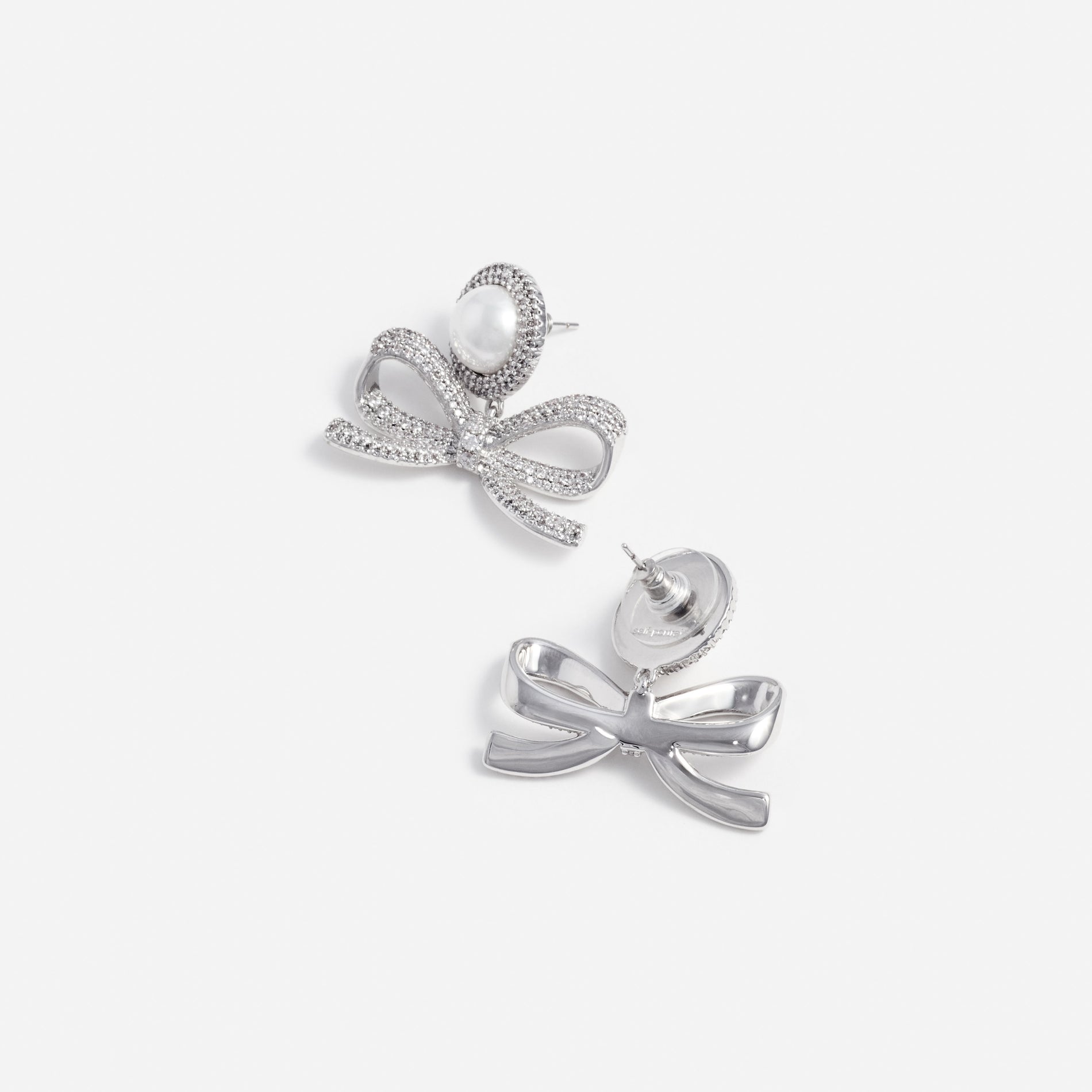 Silver Pearl Bow Drop Earrings