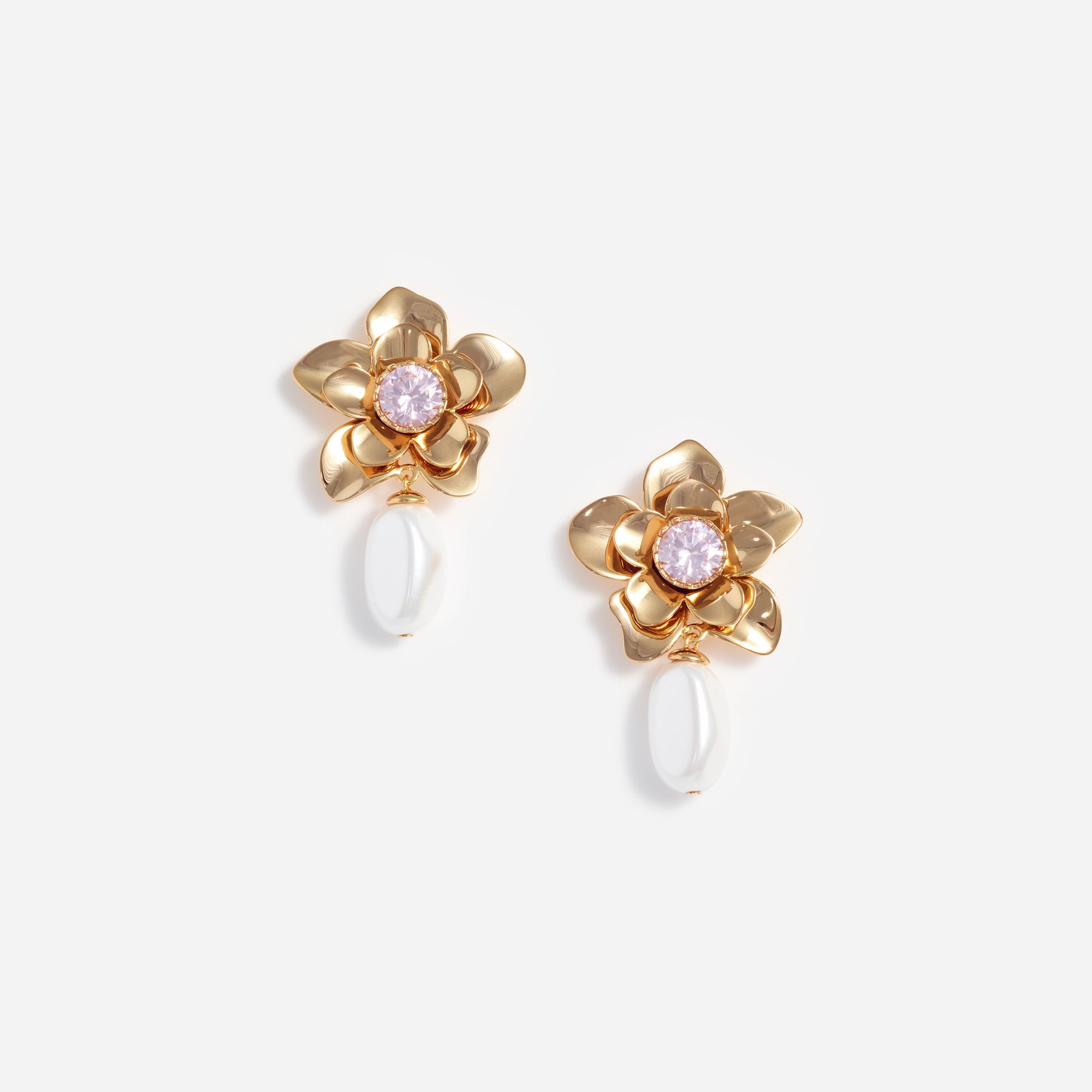 Gold Flower Pink Crystal Earrings
