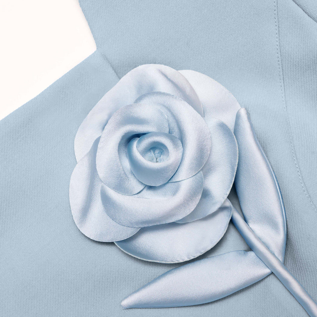 A close up of the fabric for the Blue 3D Flower Chiffon Midi Dress