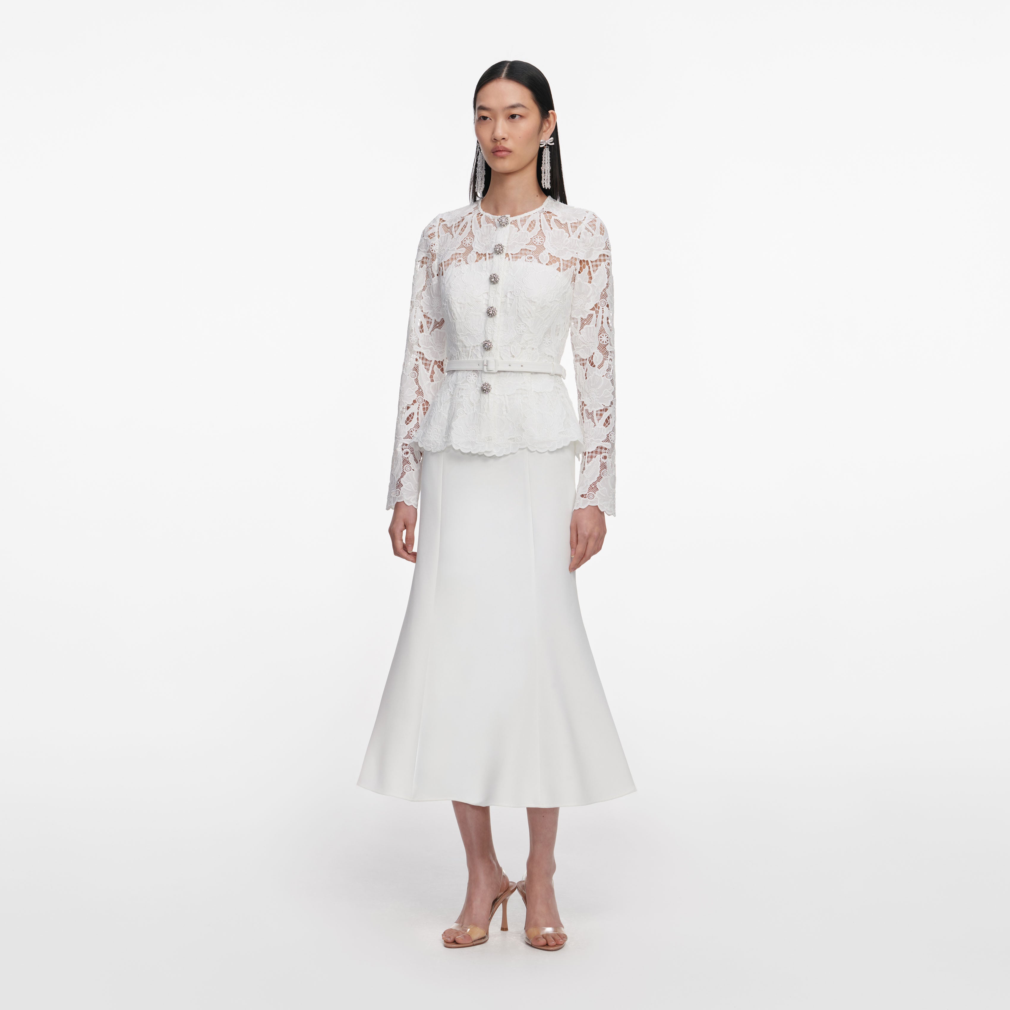 White Lace Crepe Midi Dress