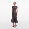 Navy Floral Sequin Midi Dress