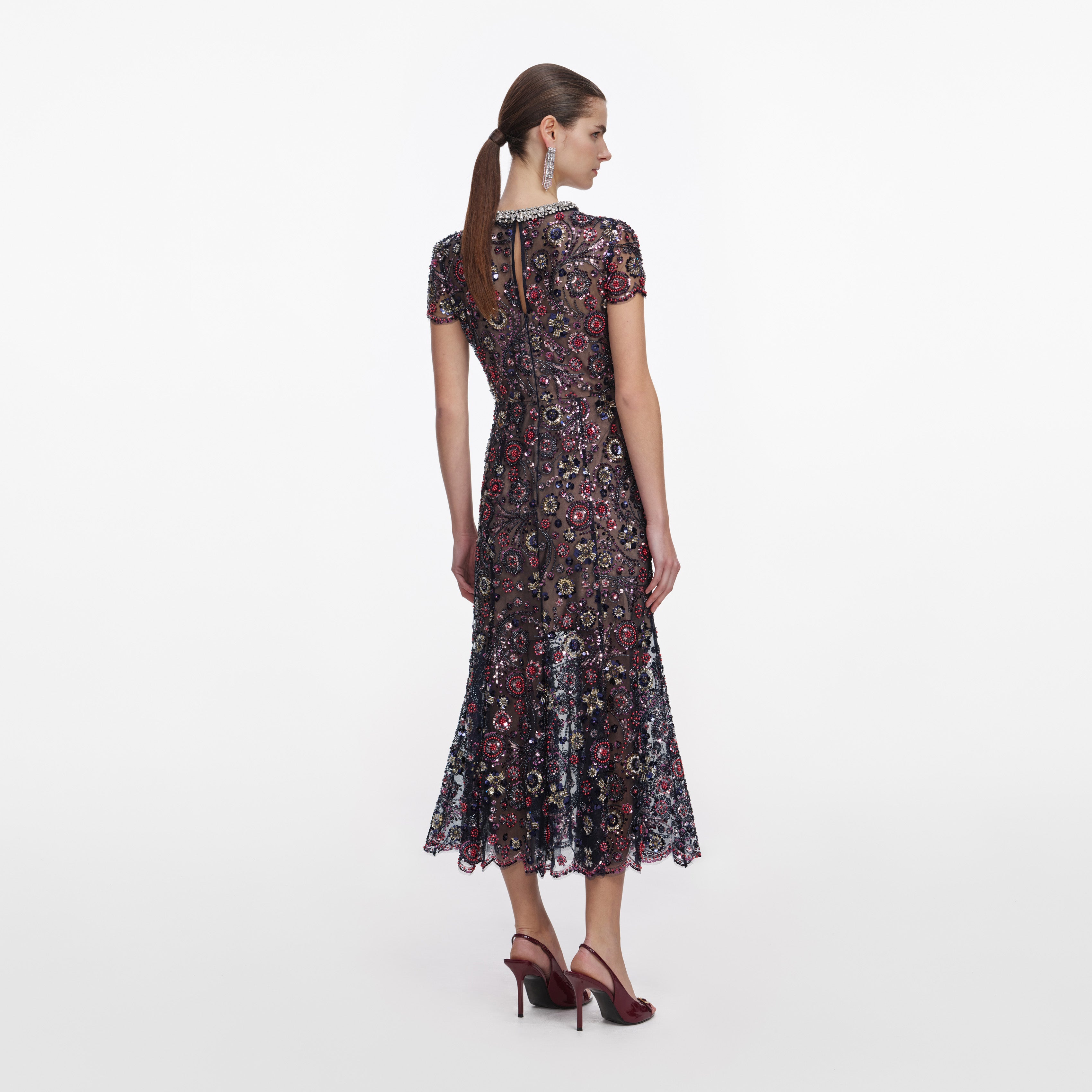 Navy Floral Sequin Midi Dress