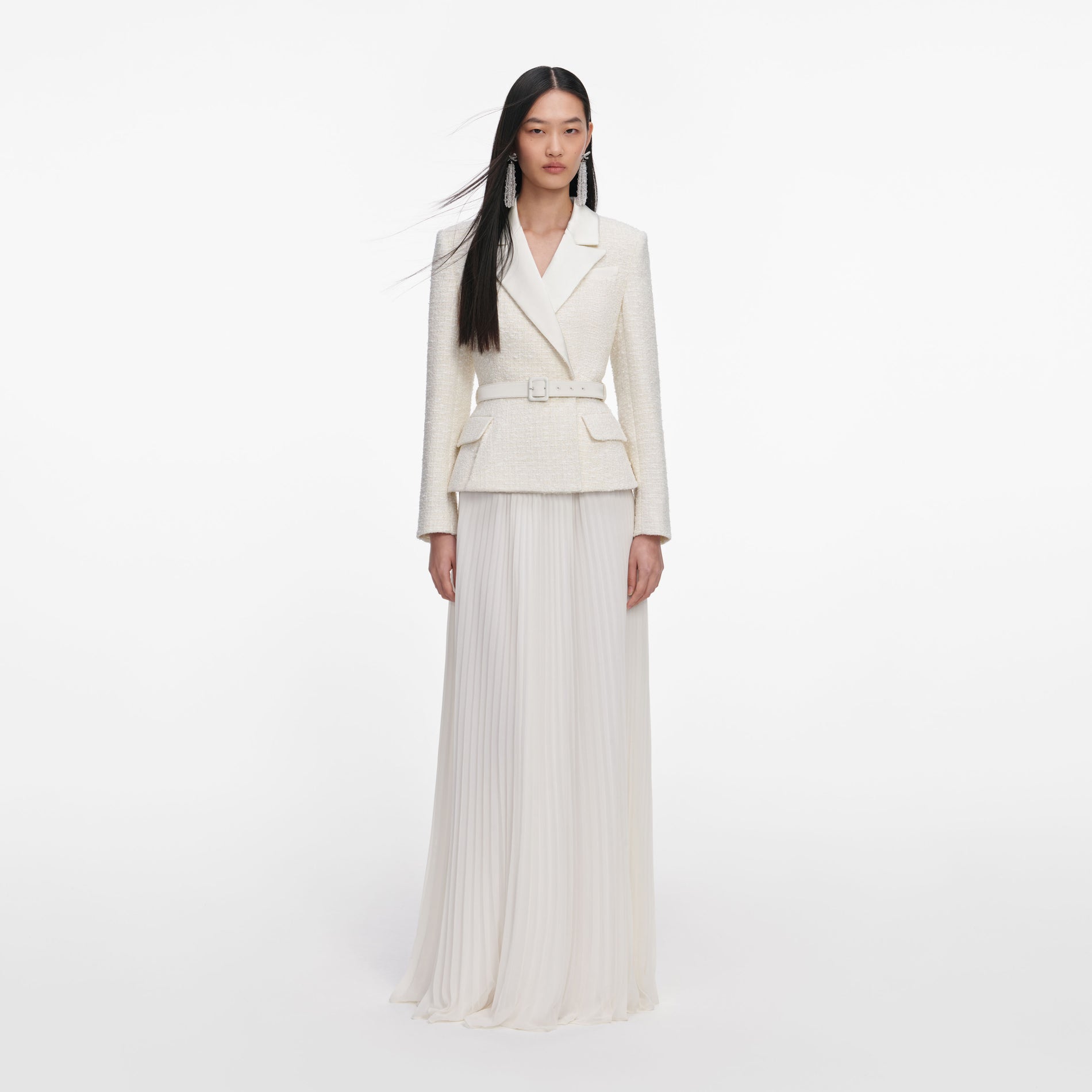 Front view of a woman wearing the Cream Tailored Boucle Chiffon Maxi Dress