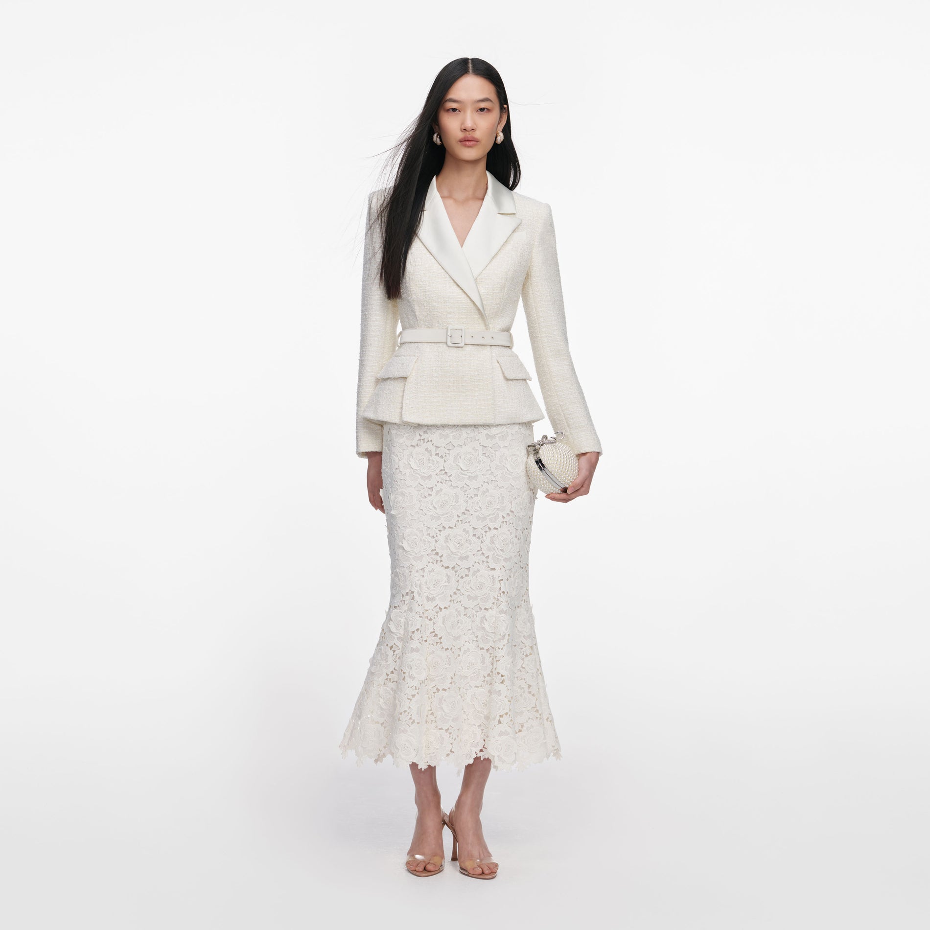 Front view of a woman wearing the Cream Boucle Flower Lace Midi Dress